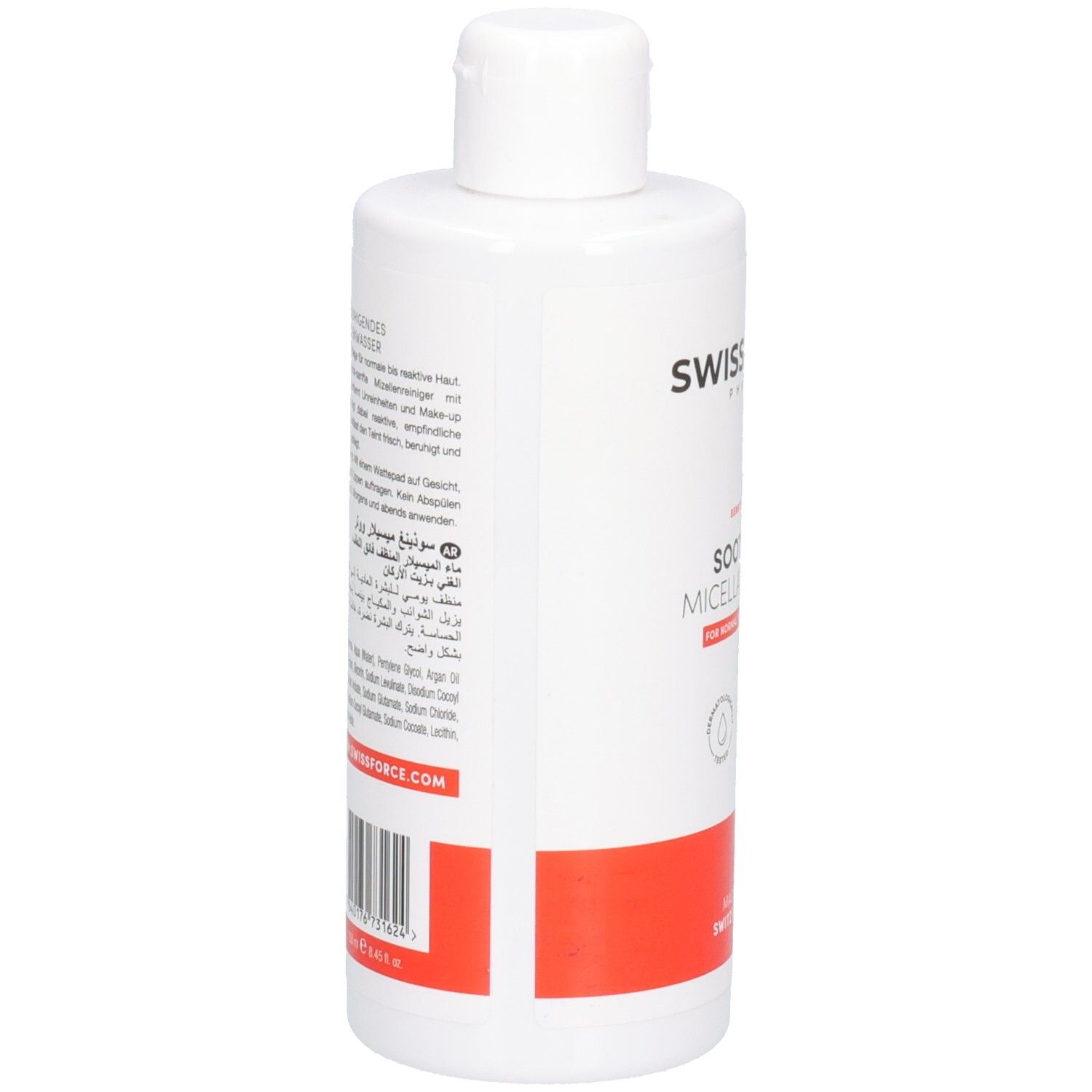 Arrière d'une bouteille blanche SWISSFORCE Soothing Micellar Water avec code-barres et informations multilingues.