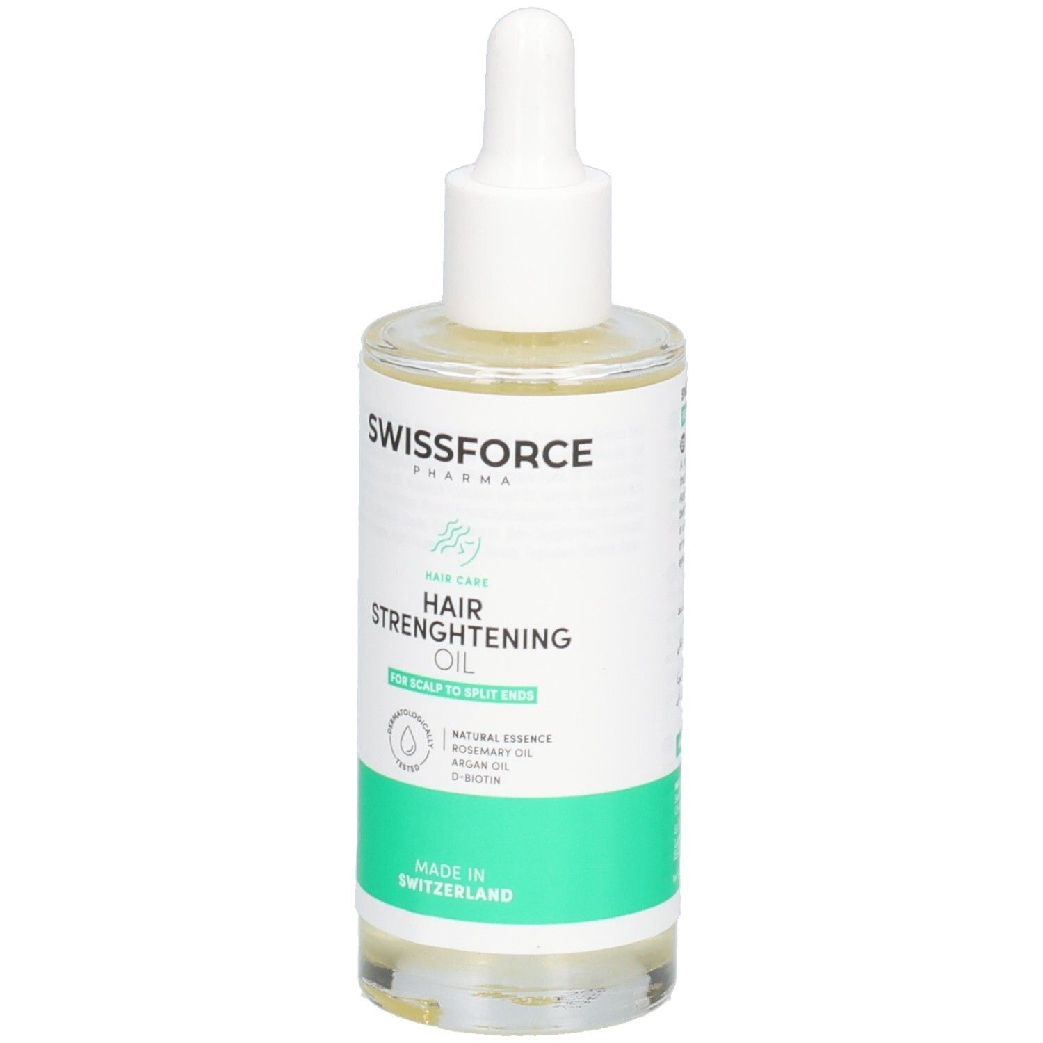 Flacon en verre transparent avec bouchon blanc et pipette. Étiquette avec logo Swissforce et nom du produit. Design vert et blanc.
