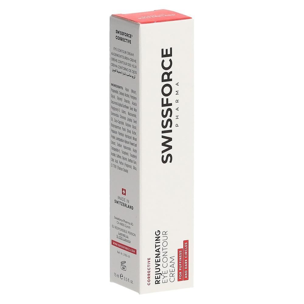 Boîte blanche avec texte rouge et logo SWISSFORCE. Inscription : Rejuvenating Eye Contour Cream. Contient 15 ml.