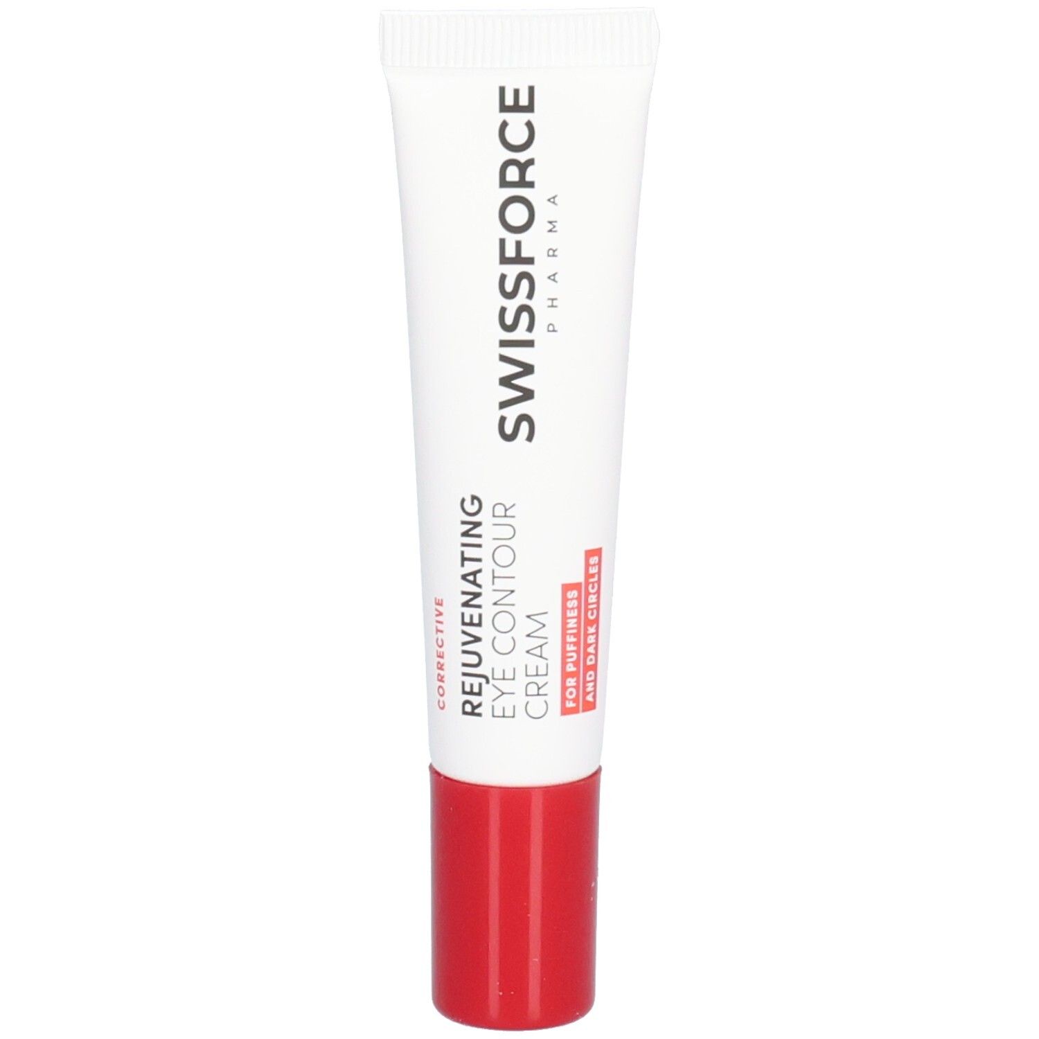 Tube blanc avec bouchon rouge. Inscription : SWISSFORCE. Rejuvenating Eye Contour Cream. Pour les poches et les cernes.