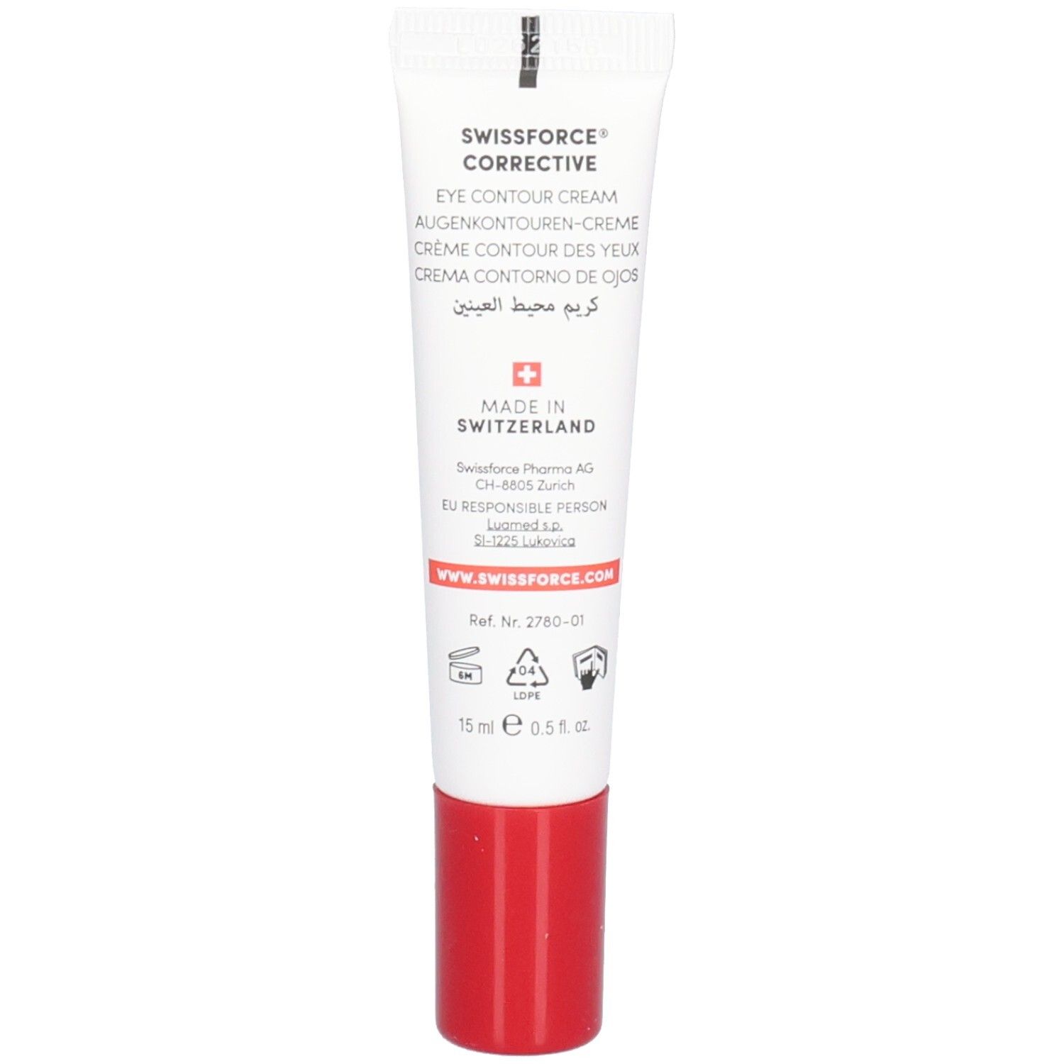 Tube blanc avec bouchon rouge. Inscription : SWISSFORCE. Rejuvenating Eye Contour Cream. Fabriqué en Suisse. 15 ml.