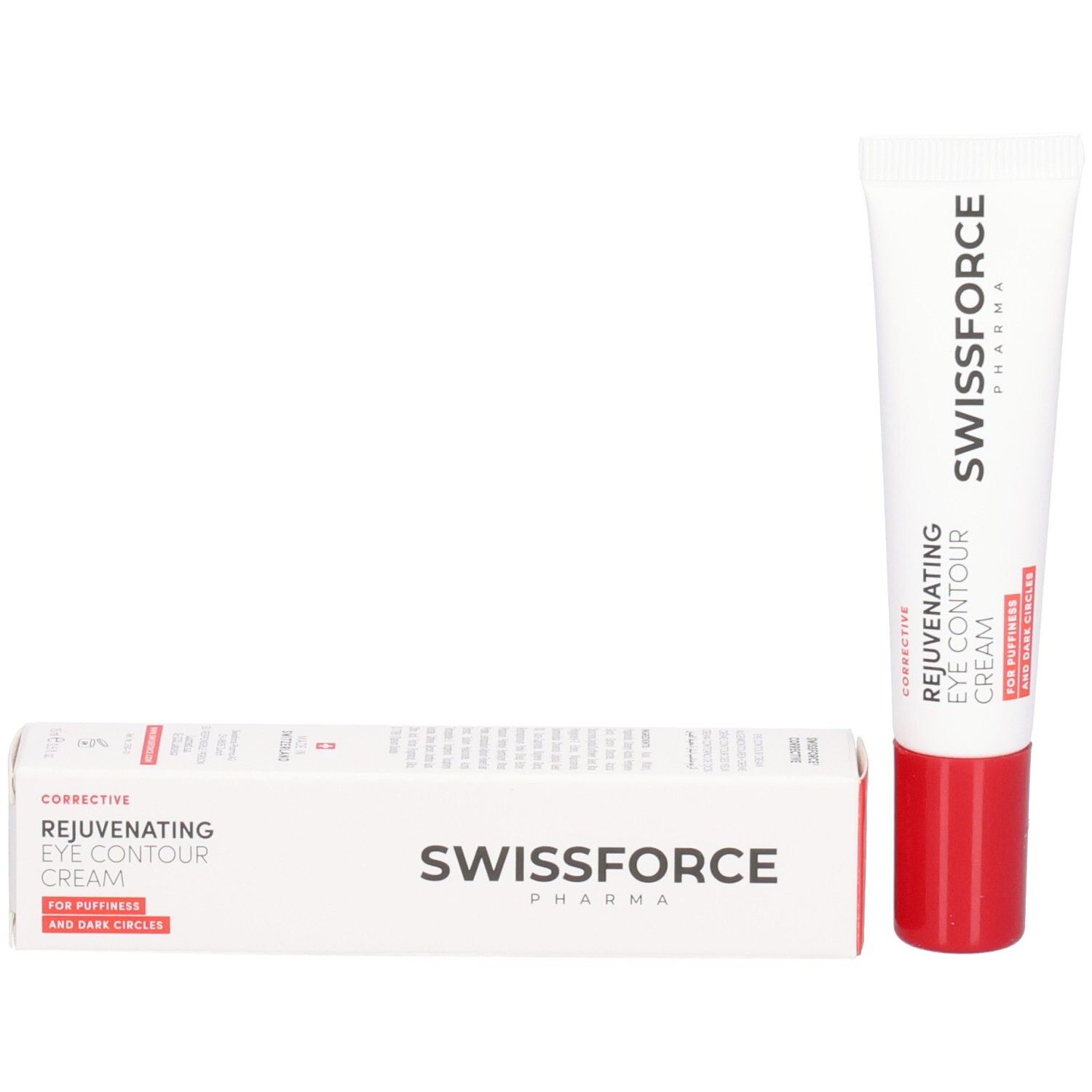 Emballage du produit : tube et boîte. Tube : blanc avec bouchon rouge. Boîte : blanche avec texte rouge. Inscription : SWISSFORCE.