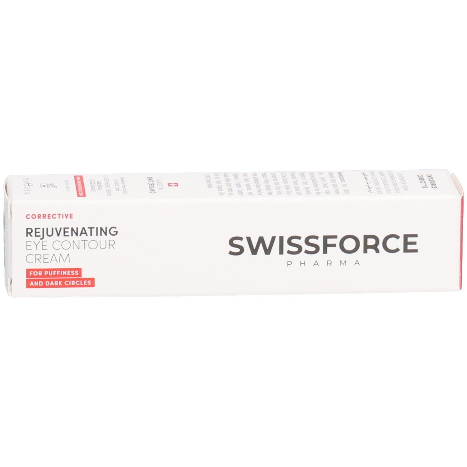 Boîte blanche avec texte rouge. Inscription : SWISSFORCE. Rejuvenating Eye Contour Cream. Pour les poches et les cernes.