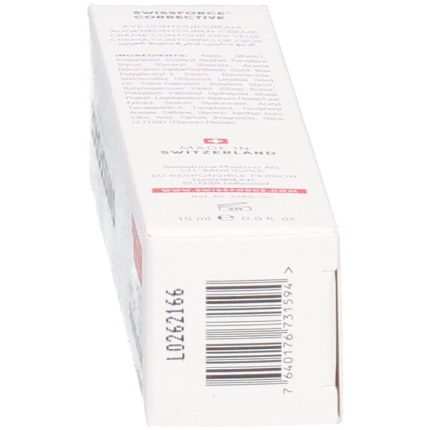 Boîte avec informations sur le contenu. Inscription : SWISSFORCE. Rejuvenating Eye Contour Cream. Fabriqué en Suisse. 15 ml.