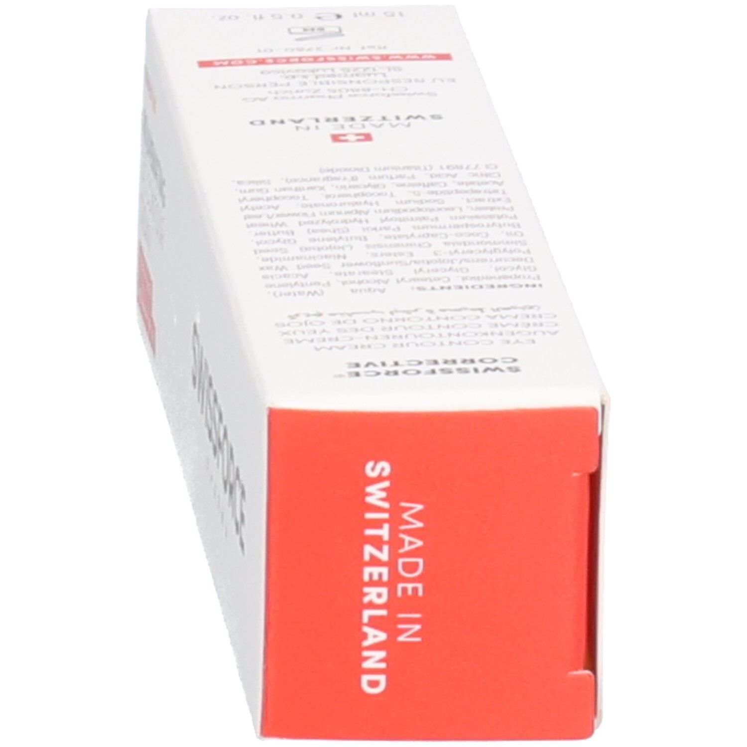 Boîte avec inscription : SWISSFORCE. Rejuvenating Eye Contour Cream. Fabriqué en Suisse. 15 ml.