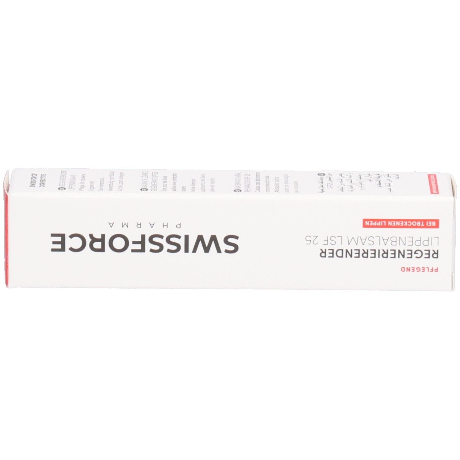 Emballage du produit. Texte: SWISSFORCE, Baume à lèvres régénérant SPF 25. Pour les lèvres sèches.