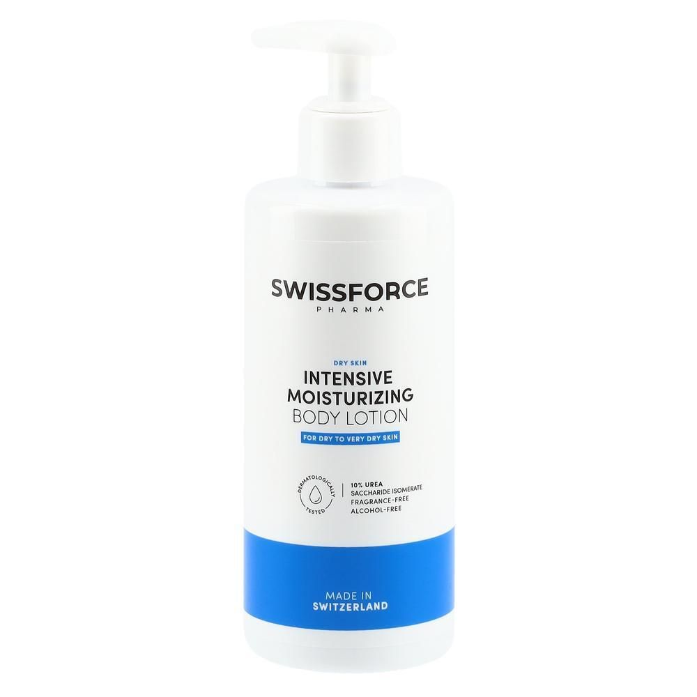 Flacon blanc avec pompe. Inscription: SWISSFORCE, Intensive Moisturizing Body Lotion. Pour peau sèche. Fabriqué en Suisse.