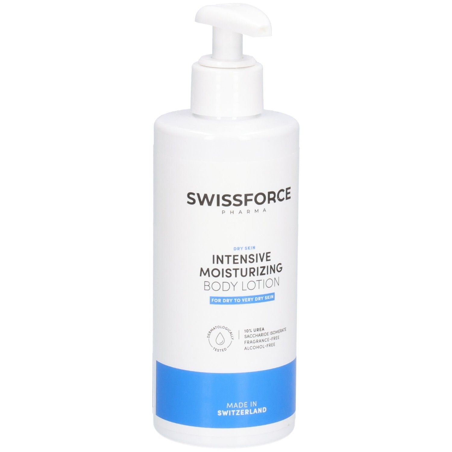 Flacon blanc avec pompe. Inscription: SWISSFORCE, Intensive Moisturizing Body Lotion. Pour peau sèche. Fabriqué en Suisse.