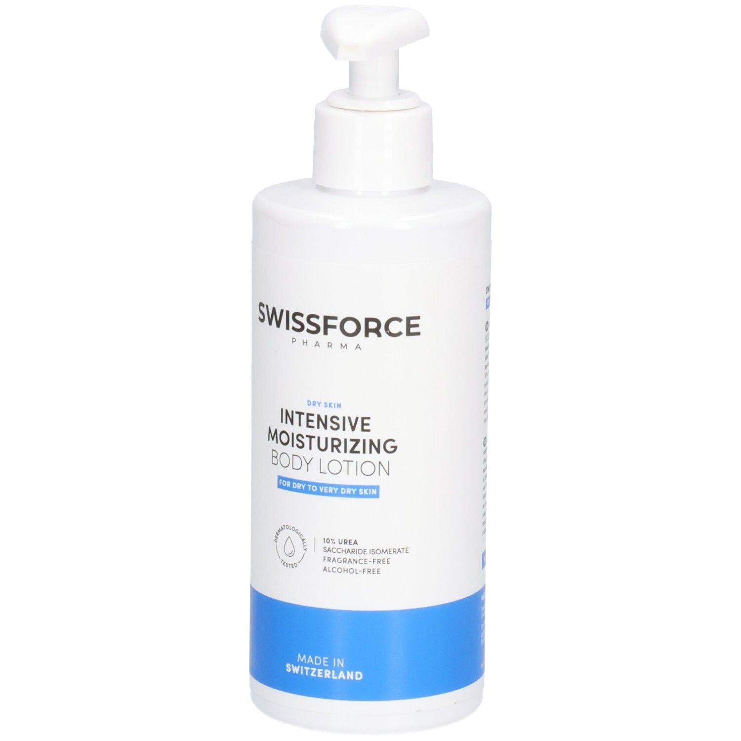 Flacon blanc avec pompe. Inscription: SWISSFORCE, Intensive Moisturizing Body Lotion. Pour peau sèche. Fabriqué en Suisse.
