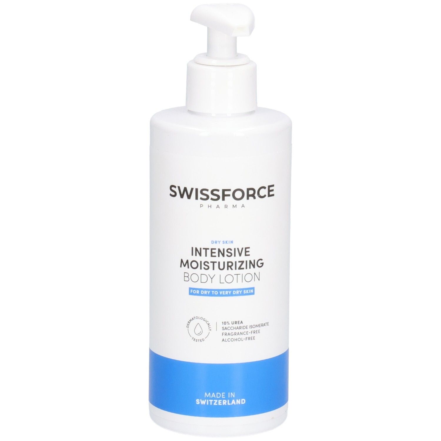 Flacon blanc avec pompe. Inscription: SWISSFORCE, Intensive Moisturizing Body Lotion. Pour peau sèche. Fabriqué en Suisse.
