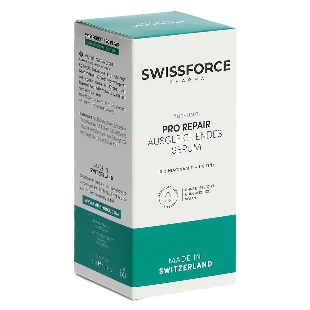 Boîte de sérum. Inscription: SWISSFORCE Pharma, PRO REPAIR Ausgleichendes Serum, 10% Niacinamide + 1% Zinc. Fabriqué en Suisse.