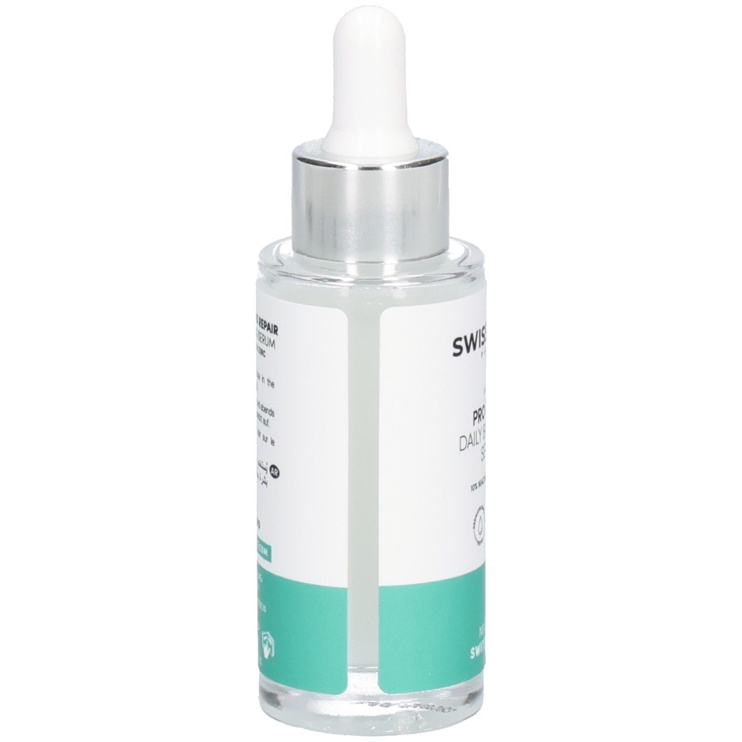 Vue arrière du flacon de sérum. Inscription: SWISSFORCE Pharma, PRO REPAIR Daily Balancing Serum. Fabriqué en Suisse. Avec mode d'emploi.