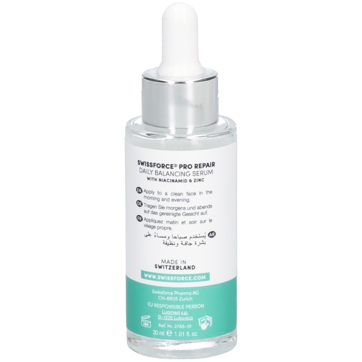 Vue arrière du flacon de sérum. Inscription: SWISSFORCE Pharma, PRO REPAIR Daily Balancing Serum. Fabriqué en Suisse. Avec mode d'emploi.