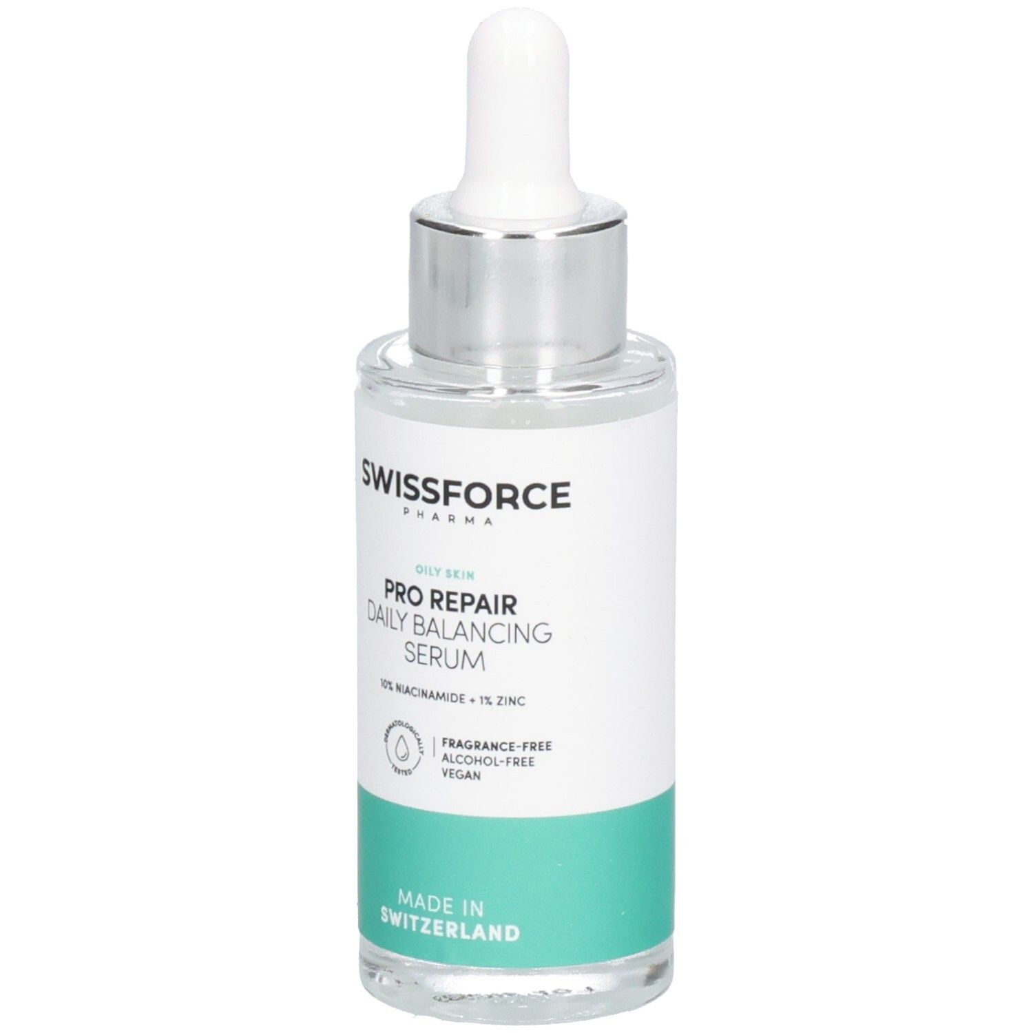 Flacon de sérum avec pipette. Inscription: SWISSFORCE Pharma, PRO REPAIR Daily Balancing Serum, 10% Niacinamide + 1% Zinc. Fabriqué en Suisse.