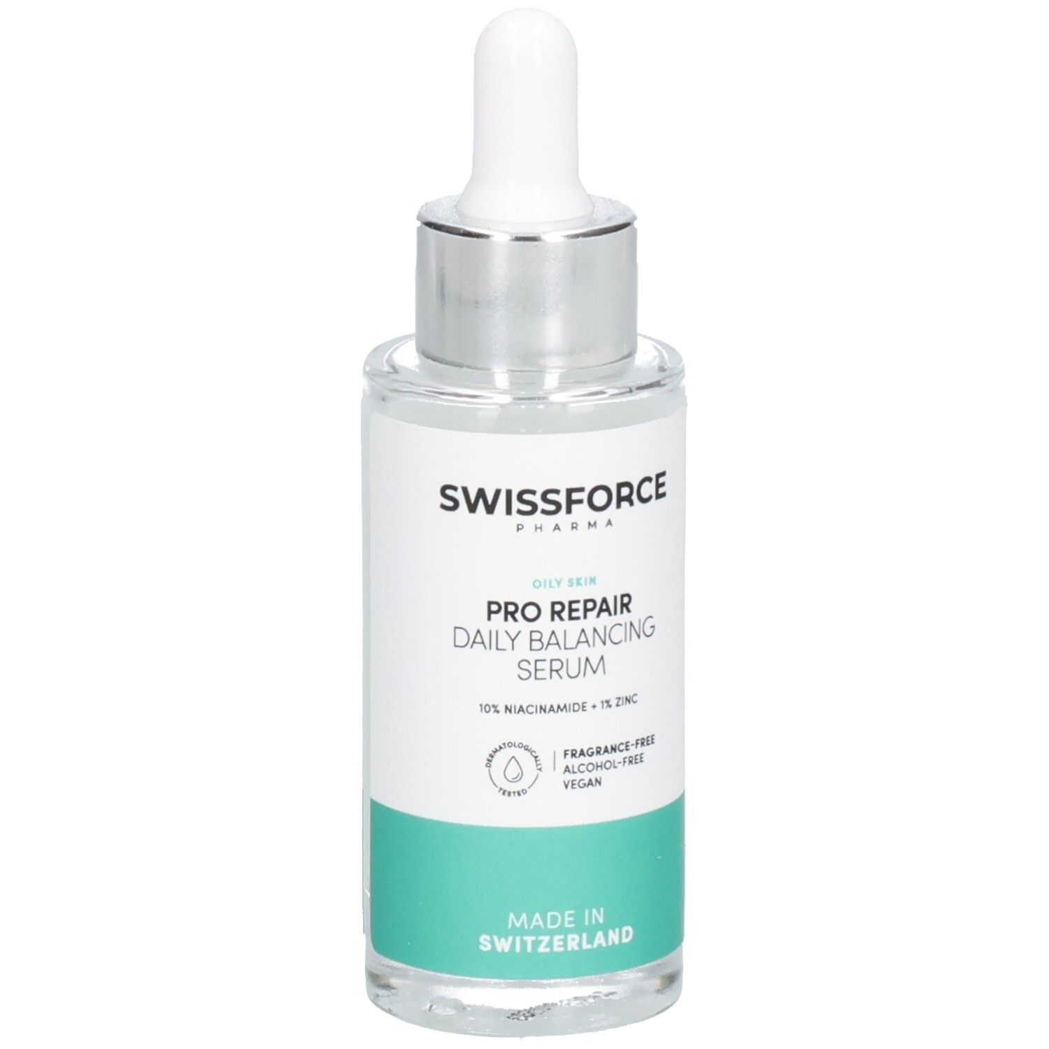 Flacon de sérum avec pipette. Inscription: SWISSFORCE Pharma, PRO REPAIR Daily Balancing Serum, 10% Niacinamide + 1% Zinc. Fabriqué en Suisse.