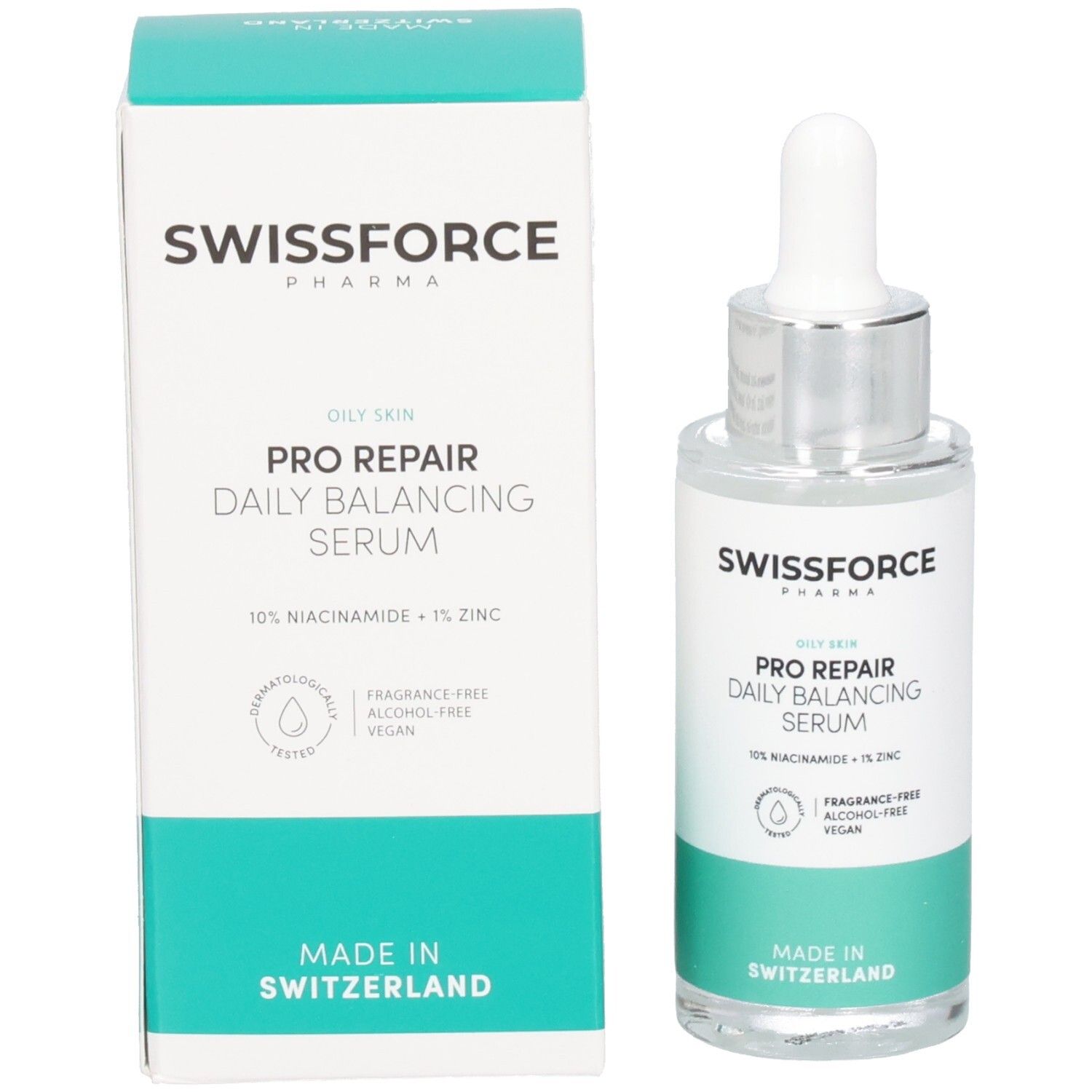Flacon de sérum et boîte. Inscription: SWISSFORCE Pharma, PRO REPAIR Daily Balancing Serum, 10% Niacinamide + 1% Zinc. Fabriqué en Suisse.