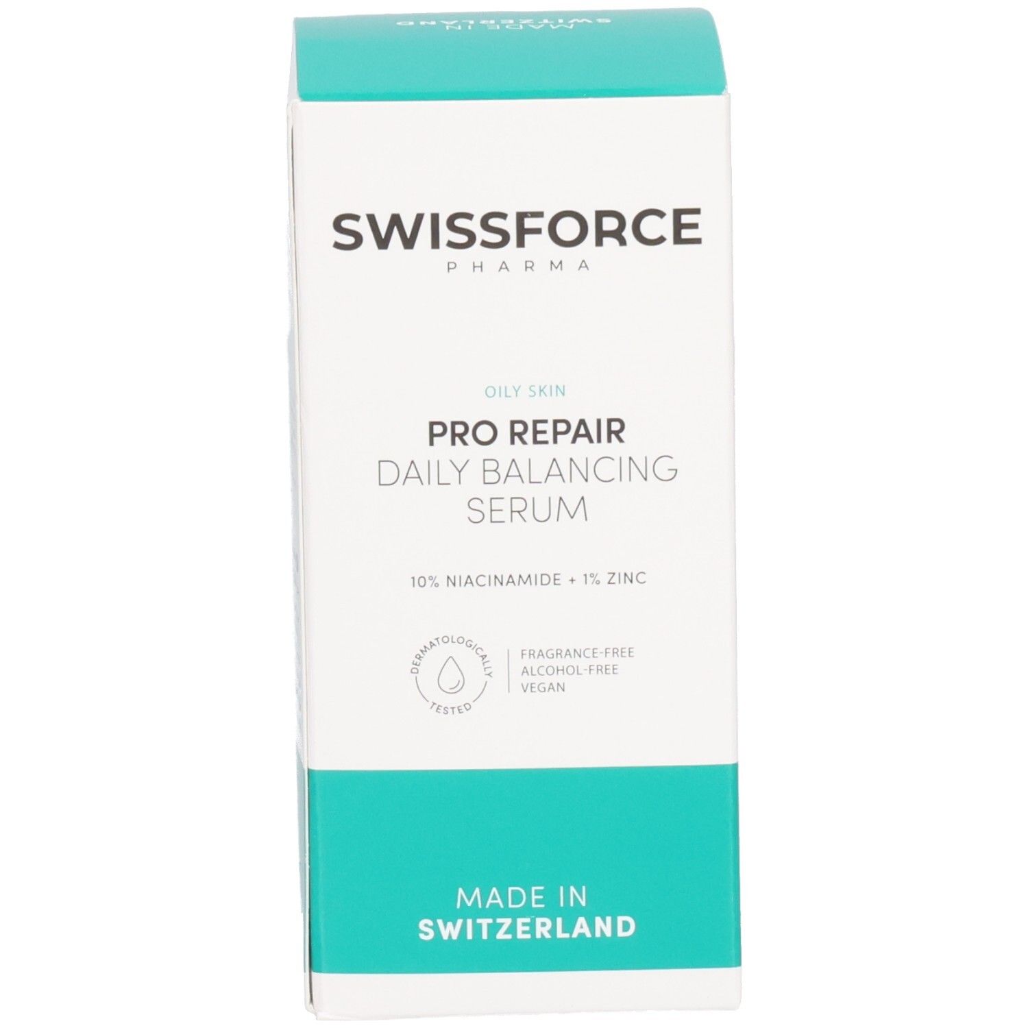 Boîte. Inscription: SWISSFORCE Pharma, PRO REPAIR Daily Balancing Serum, 10% Niacinamide + 1% Zinc. Fabriqué en Suisse.