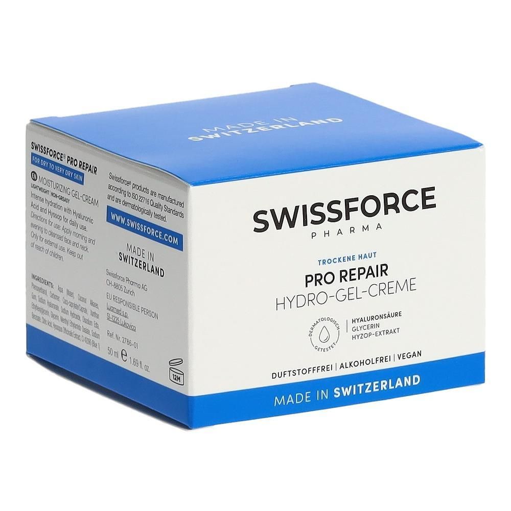 Boîte bleue et blanche SWISSFORCE PRO REPAIR Hydro-Gel-Creme. Texte: Made in Switzerland, vegan, sans alcool.