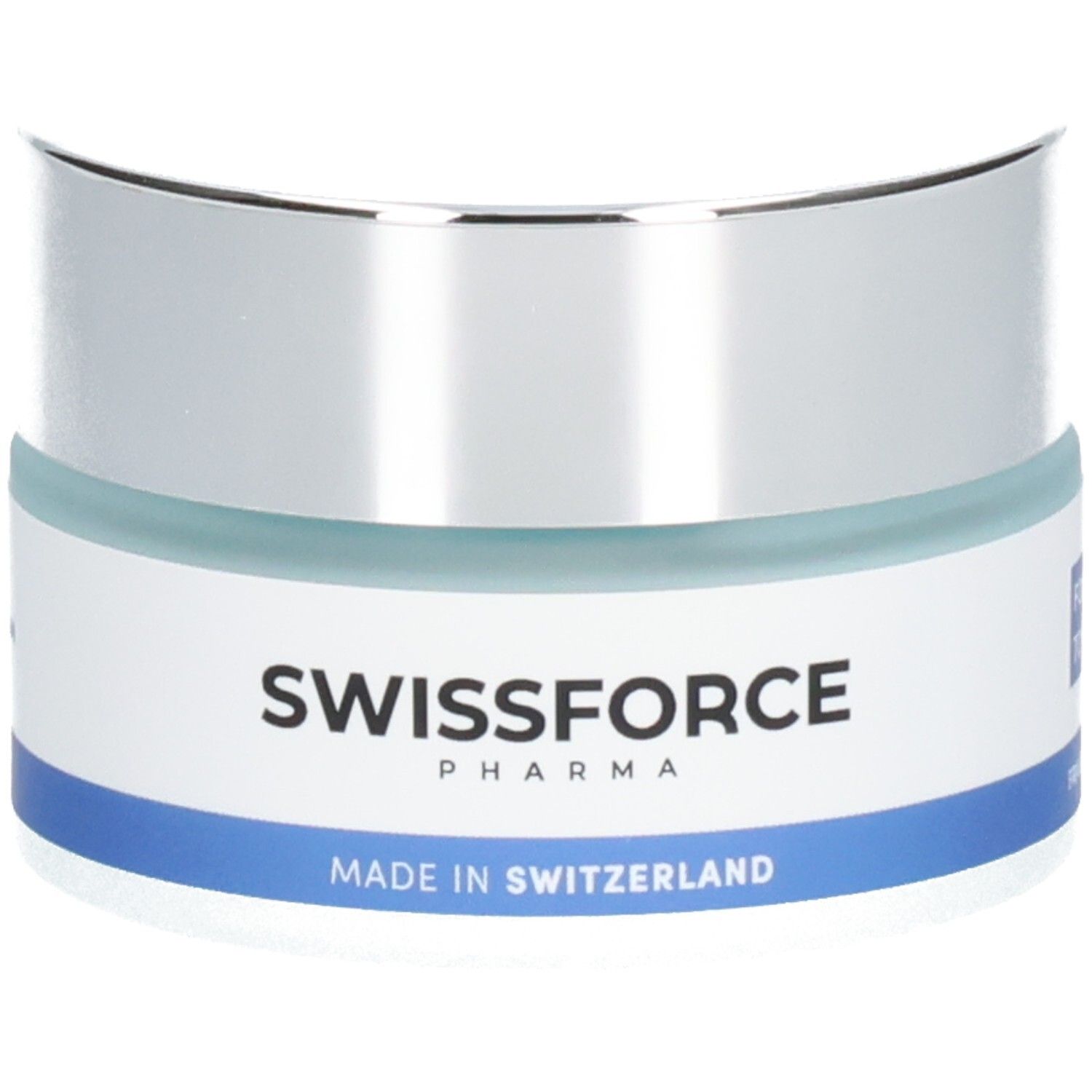 Pot de crème avec couvercle argenté et bande bleue. Texte: SWISSFORCE, Made in Switzerland.