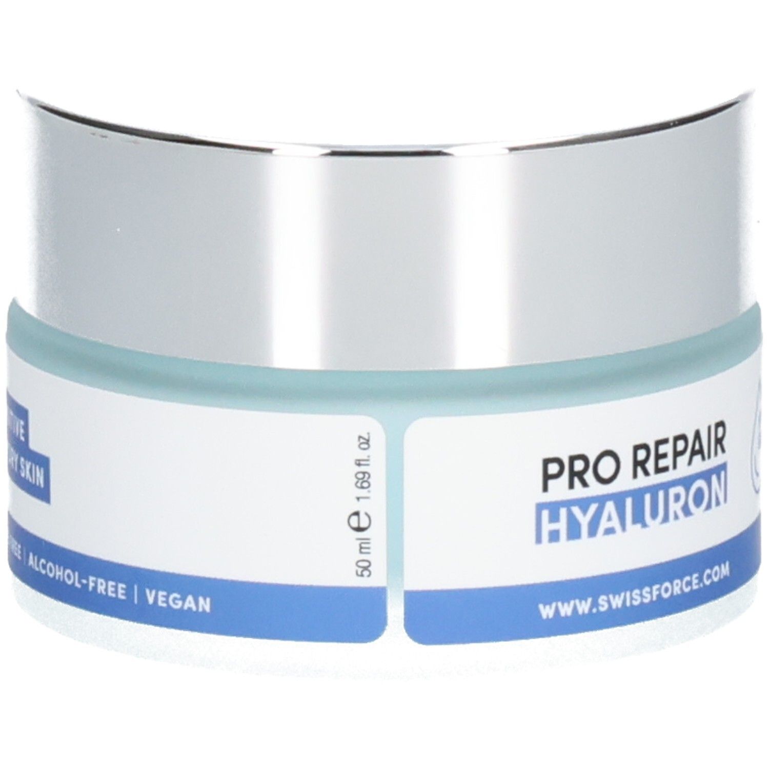 Pot de crème avec couvercle argenté et bande bleue. Texte: PRO REPAIR HYALURON, sans alcool, vegan.