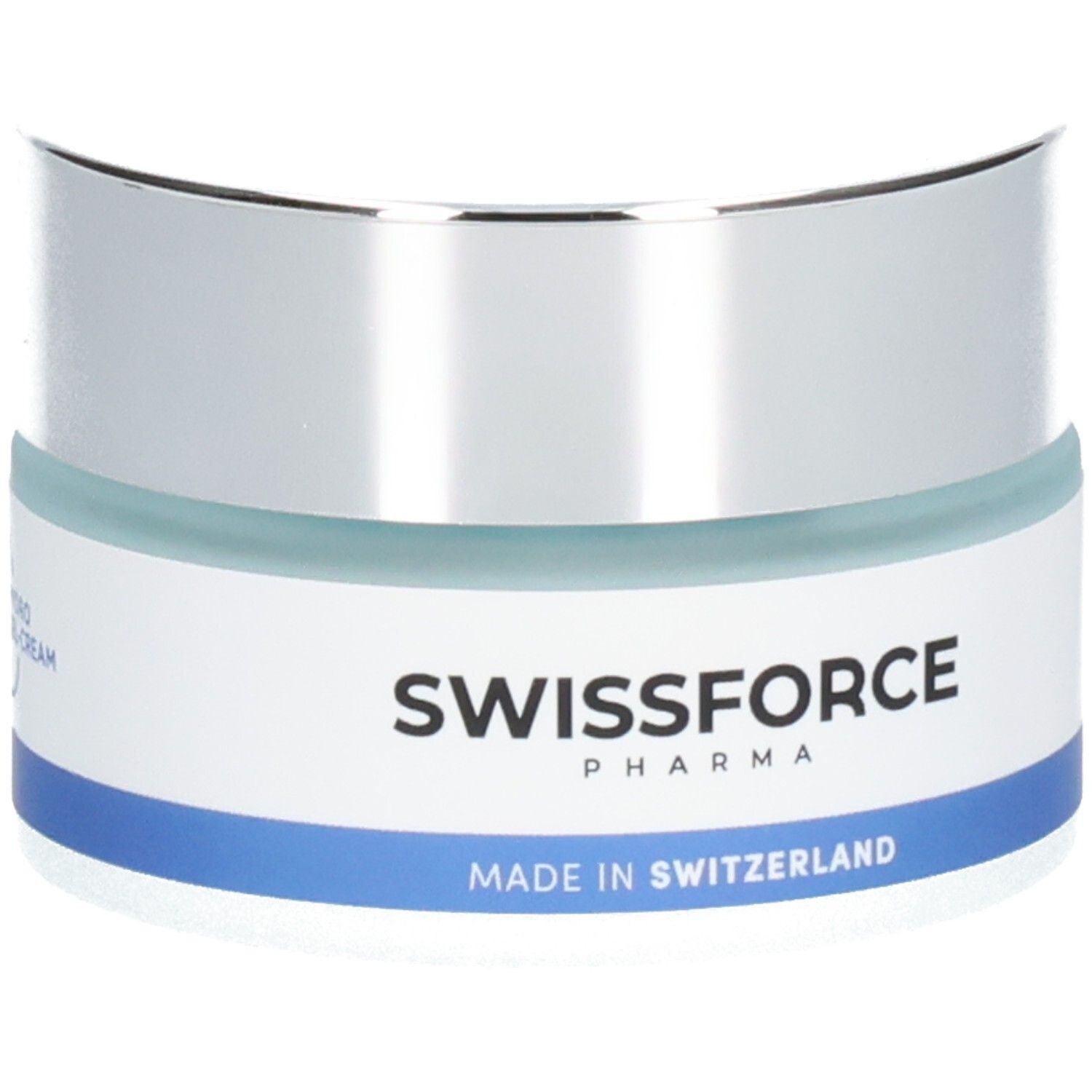 Pot de crème avec couvercle argenté et bande bleue. Texte: SWISSFORCE, Made in Switzerland.