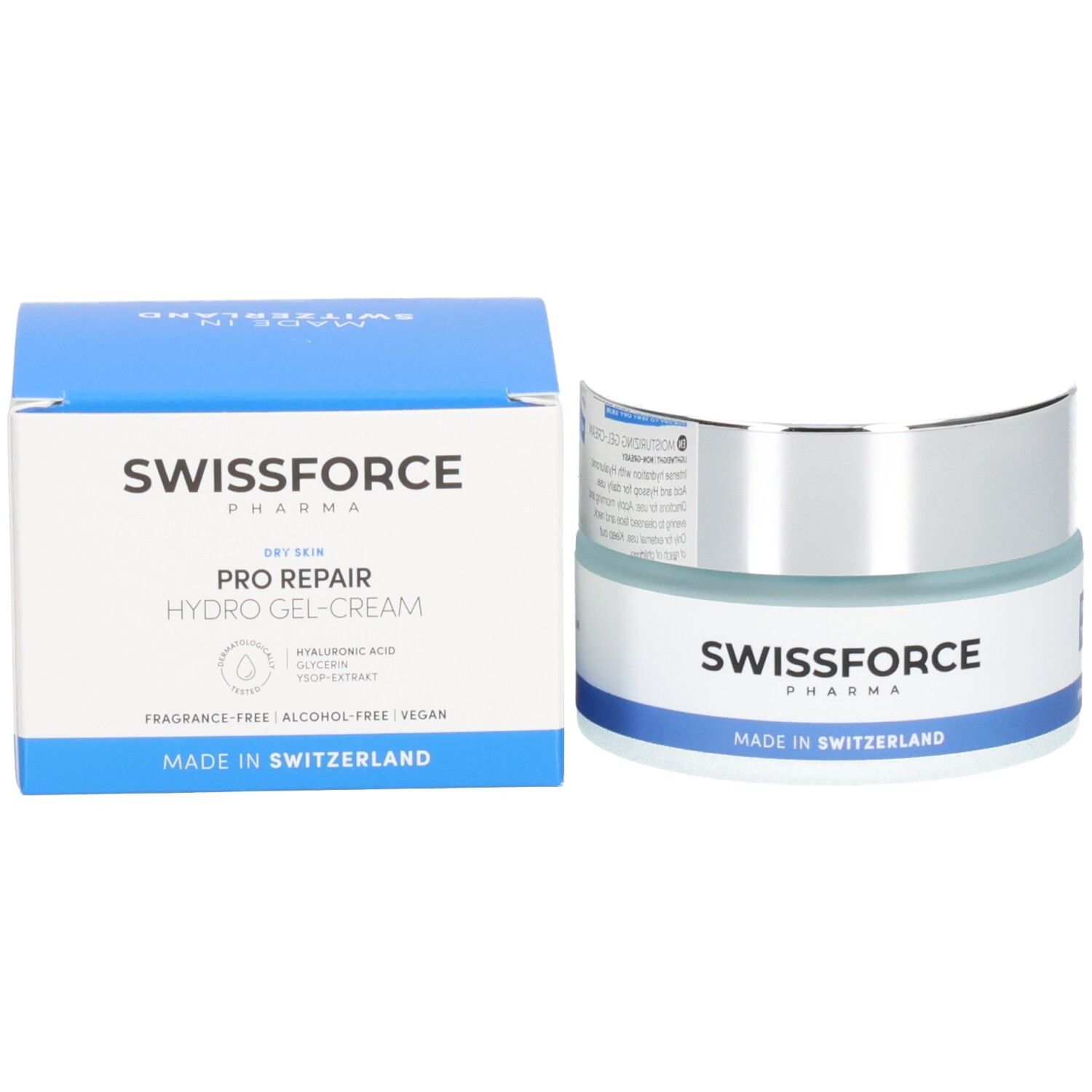 Pot de crème et boîte. Texte: SWISSFORCE PRO REPAIR Hydro-Gel-Creme, Made in Switzerland, vegan.