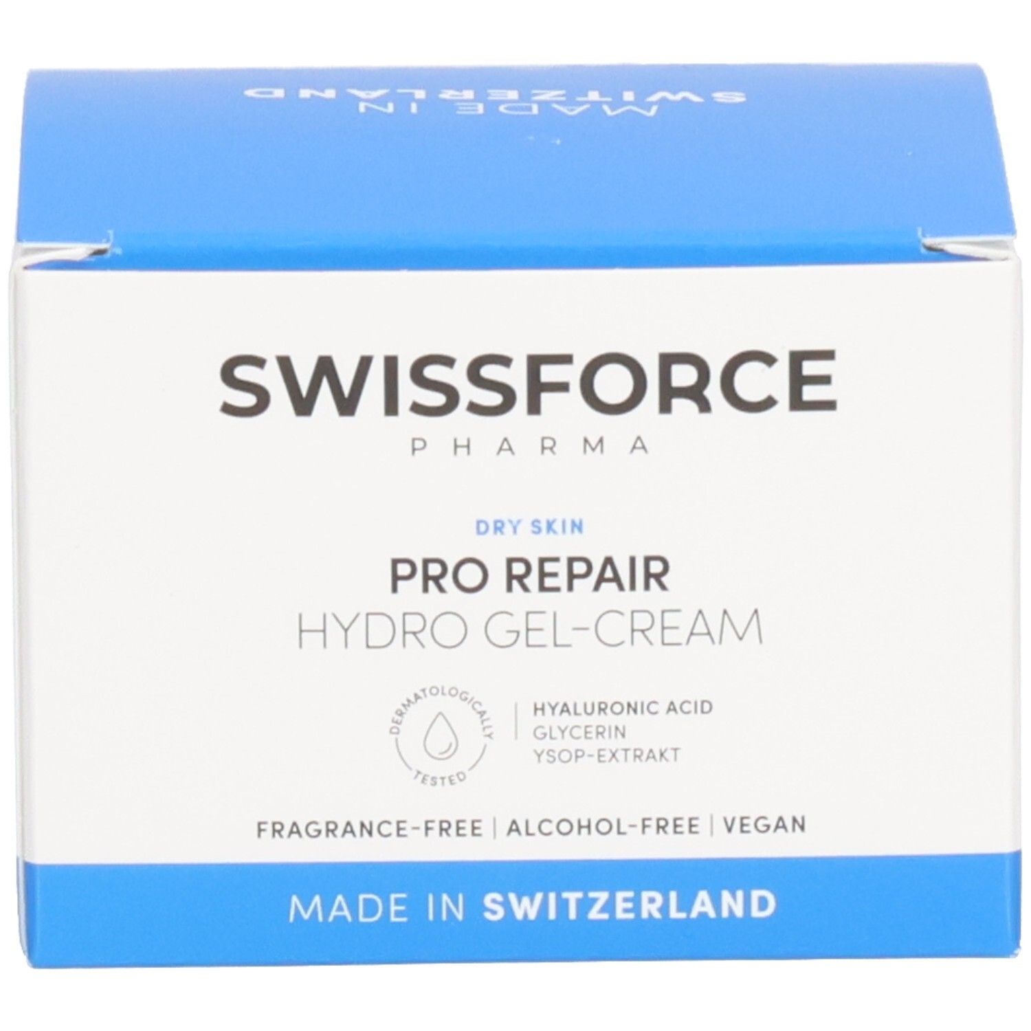 Boîte bleue et blanche SWISSFORCE PRO REPAIR Hydro-Gel-Creme. Texte: testé dermatologiquement, vegan.