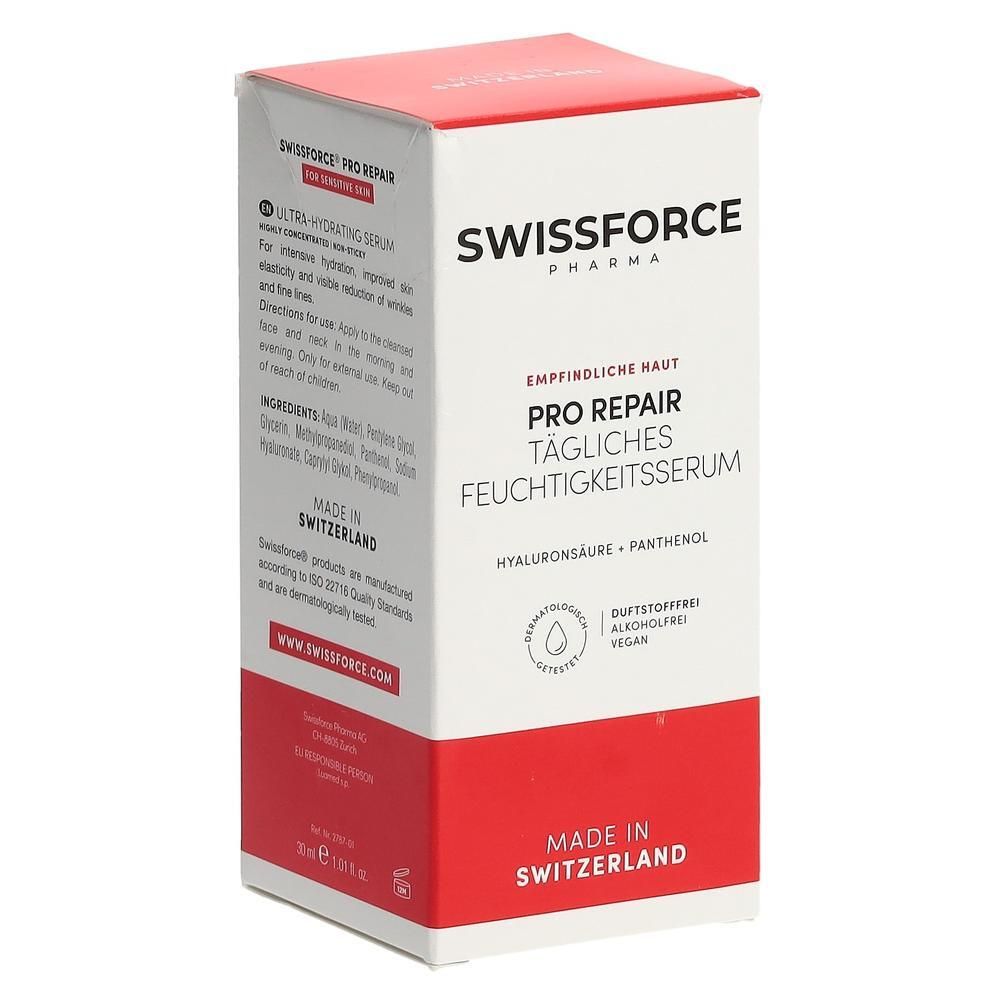 Boîte blanche et rouge de sérum. Inscription: SWISSFORCE Pharma, PRO REPAIR, sérum hydratant quotidien. Fabriqué en Suisse.