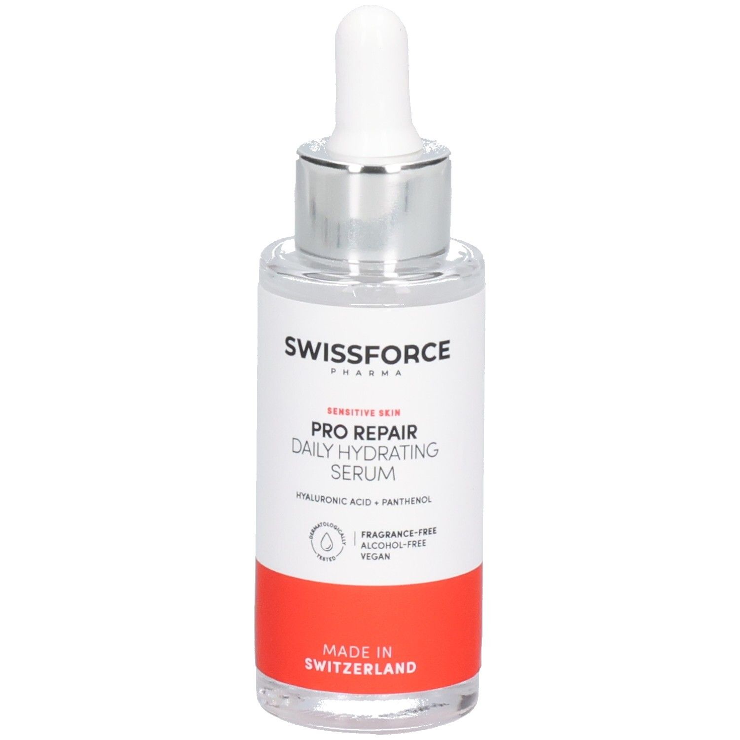 Flacon de sérum avec pipette. Inscription: SWISSFORCE Pharma, PRO REPAIR, Daily Hydrating Serum. Fabriqué en Suisse. Vegan.