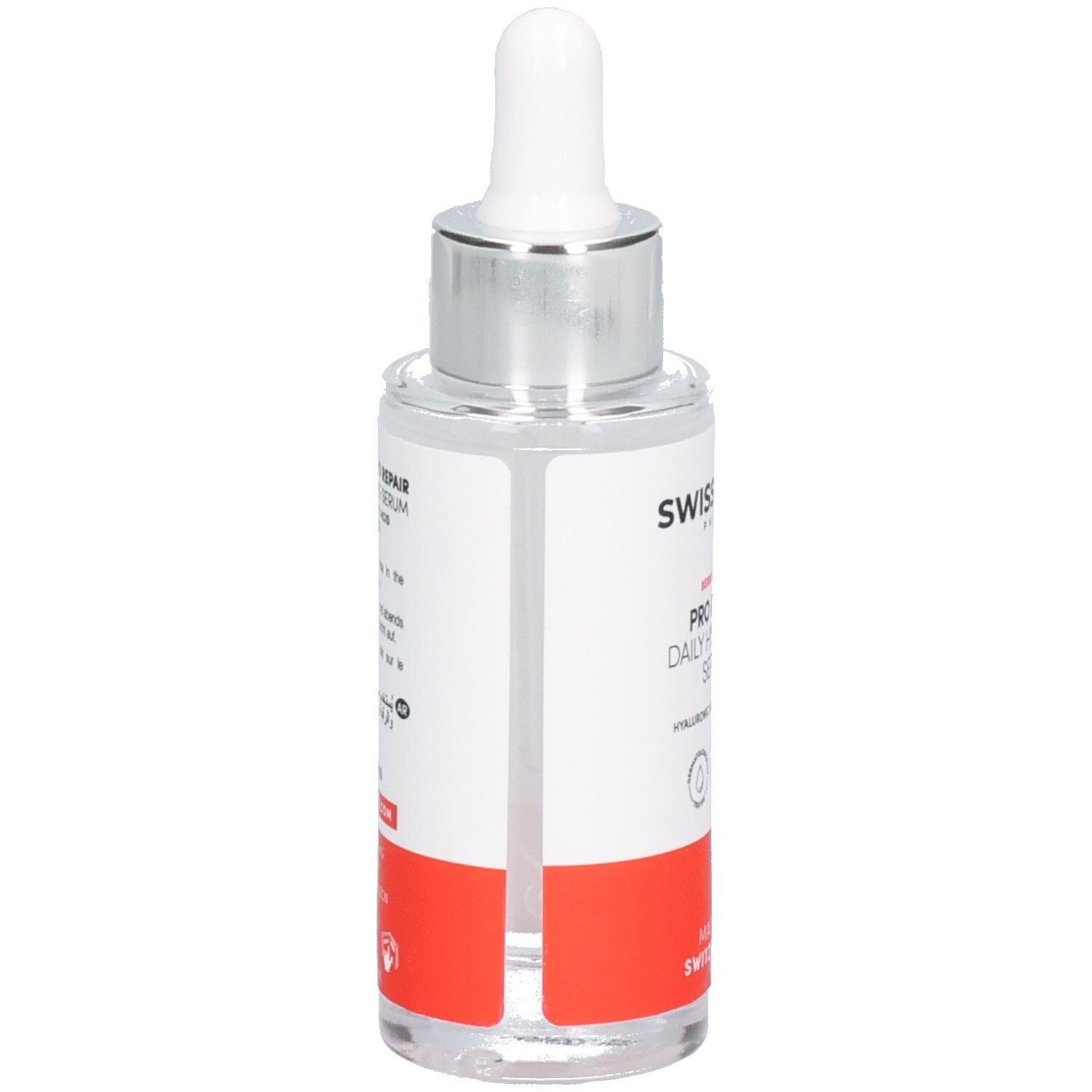 Flacon de sérum avec pipette. Inscription: SWISSFORCE Pharma, PRO REPAIR, Daily Hydrating Serum. Fabriqué en Suisse. Vegan.