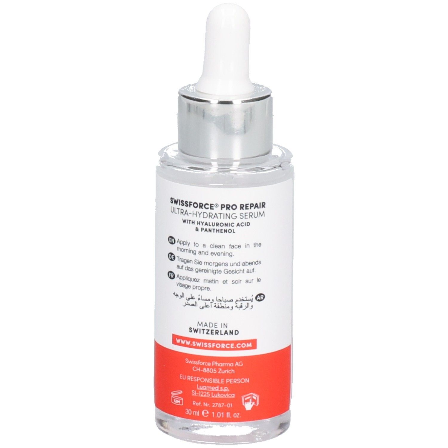 Flacon de sérum avec pipette. Inscription: SWISSFORCE Pharma, PRO REPAIR, Daily Hydrating Serum. Fabriqué en Suisse. Vegan.