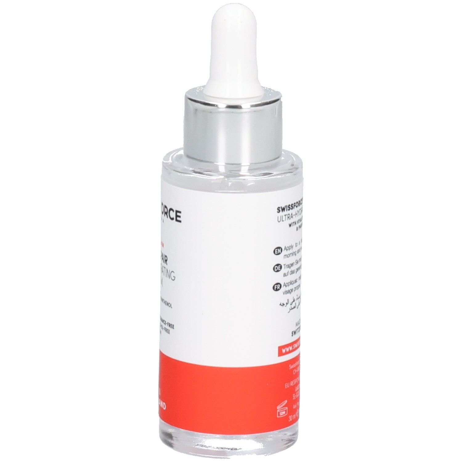 Flacon de sérum avec pipette. Inscription: SWISSFORCE Pharma, PRO REPAIR, Daily Hydrating Serum. Fabriqué en Suisse. Vegan.
