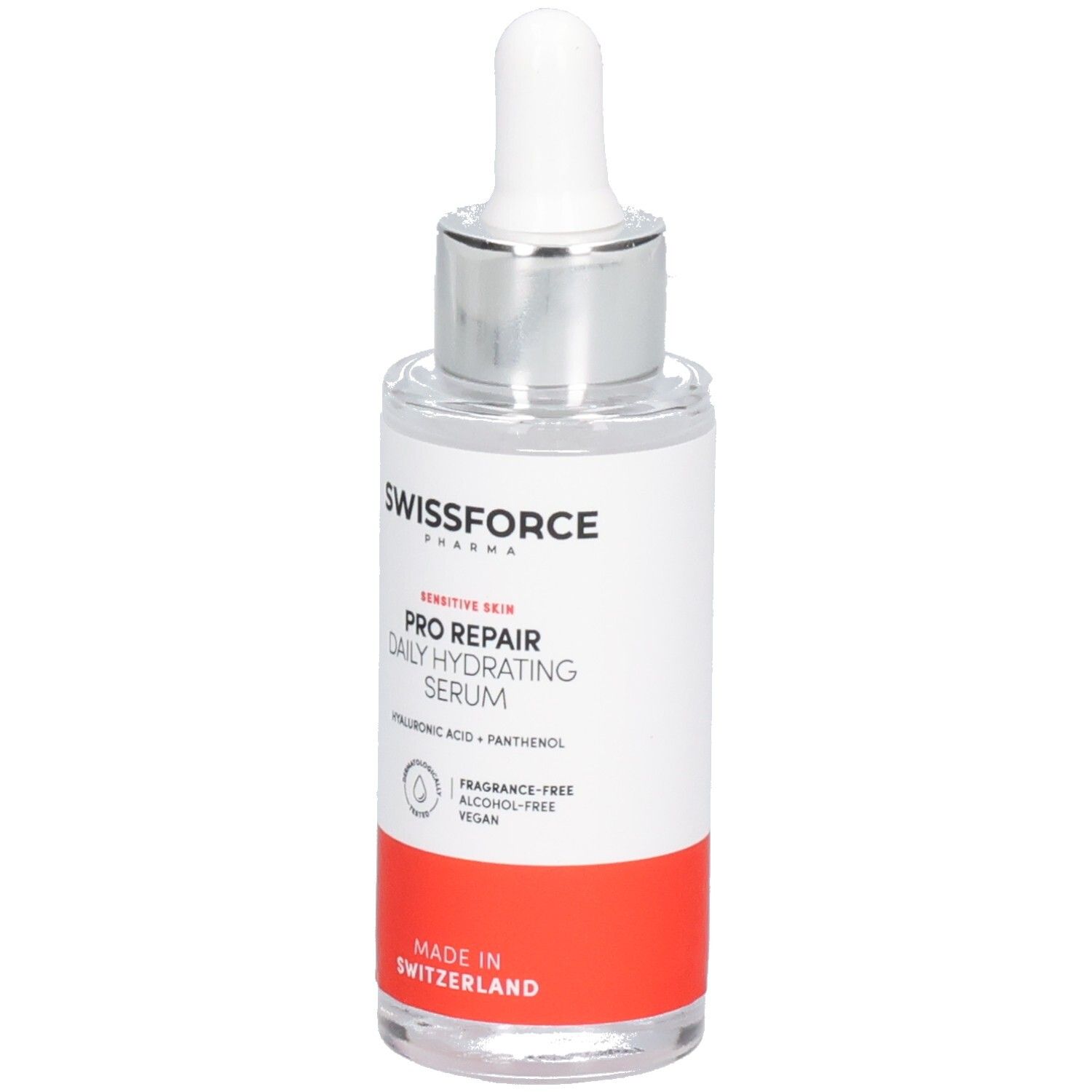Flacon de sérum avec pipette. Inscription: SWISSFORCE Pharma, PRO REPAIR, Daily Hydrating Serum. Fabriqué en Suisse. Vegan.