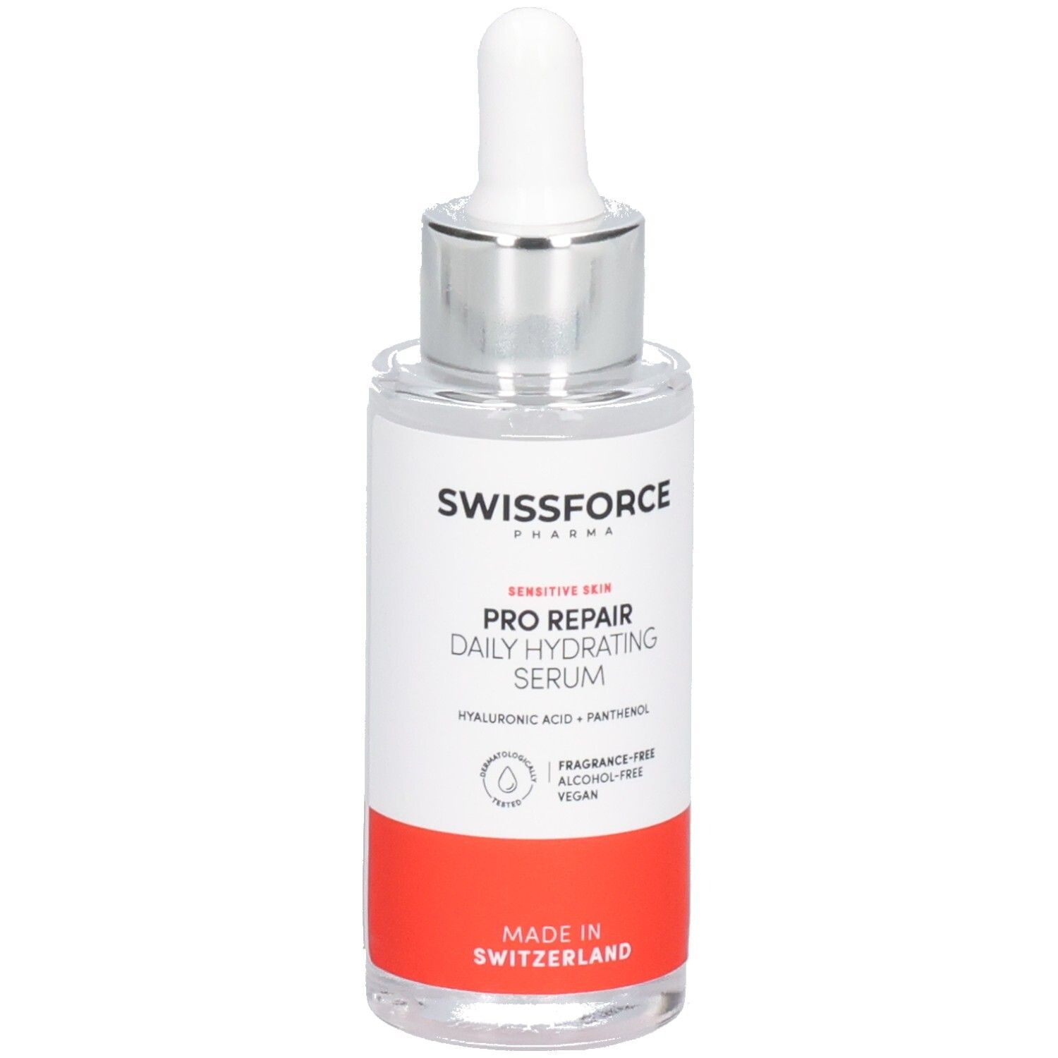 Flacon de sérum avec pipette. Inscription: SWISSFORCE Pharma, PRO REPAIR, Daily Hydrating Serum. Fabriqué en Suisse. Vegan.