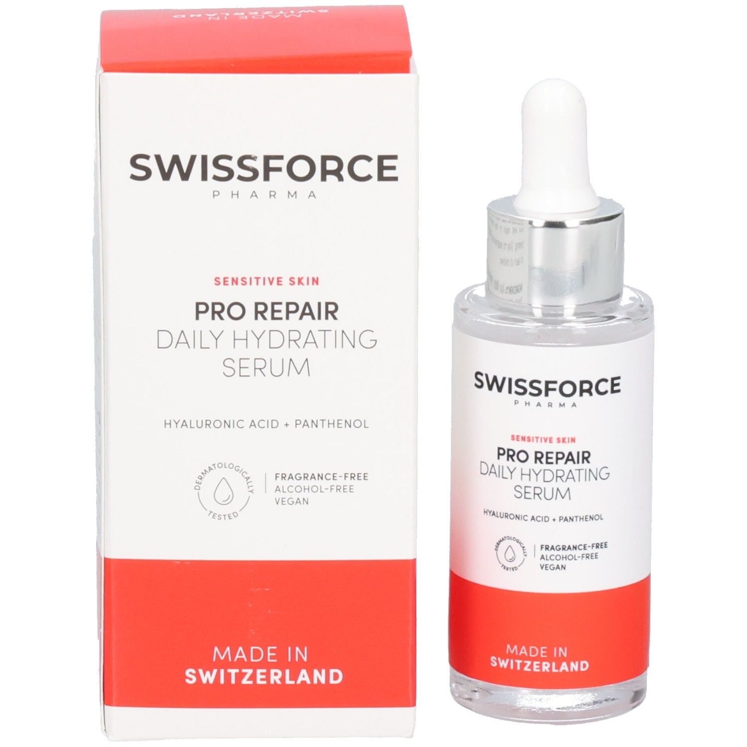 Flacon de sérum et boîte. Inscription: SWISSFORCE Pharma, PRO REPAIR, Daily Hydrating Serum. Fabriqué en Suisse. Vegan.