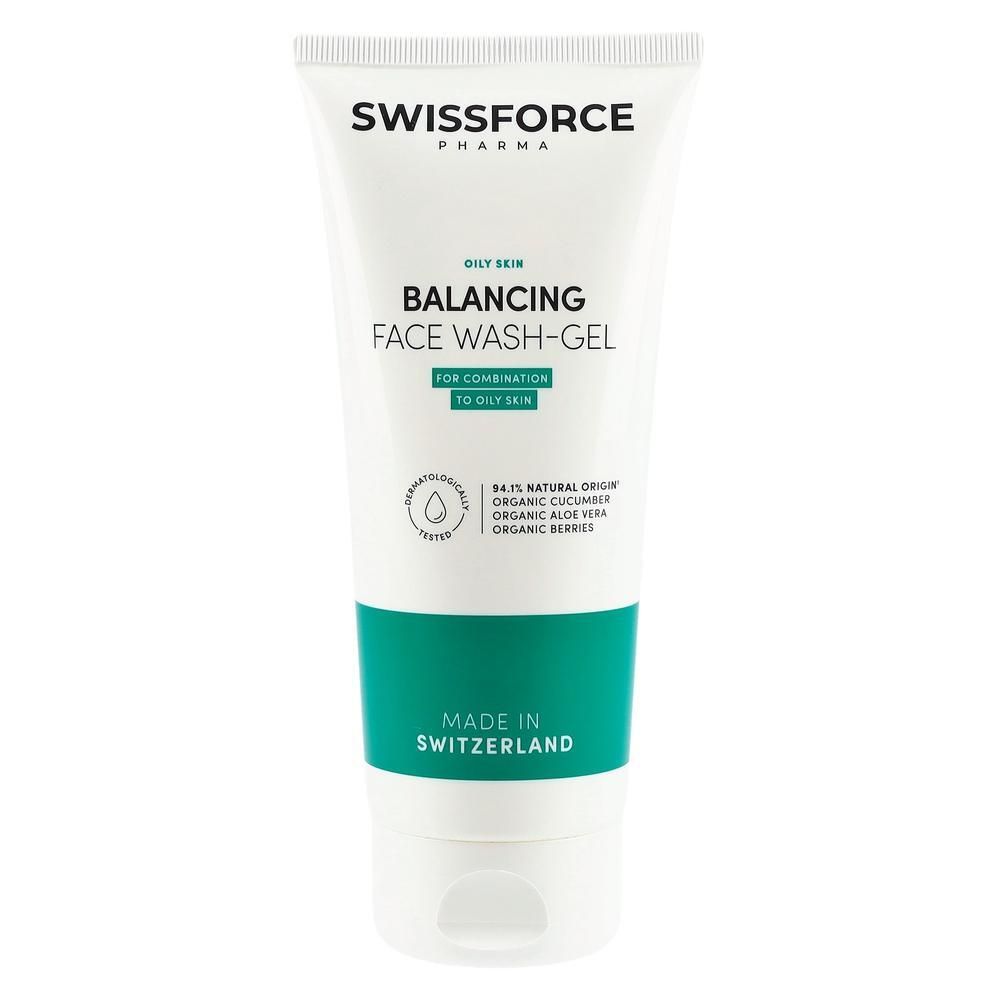 Tube blanche et verte. Inscription: SWISSFORCE, Balancing Face Wash-Gel. Pour peaux mixtes à grasses. Testé dermatologiquement.