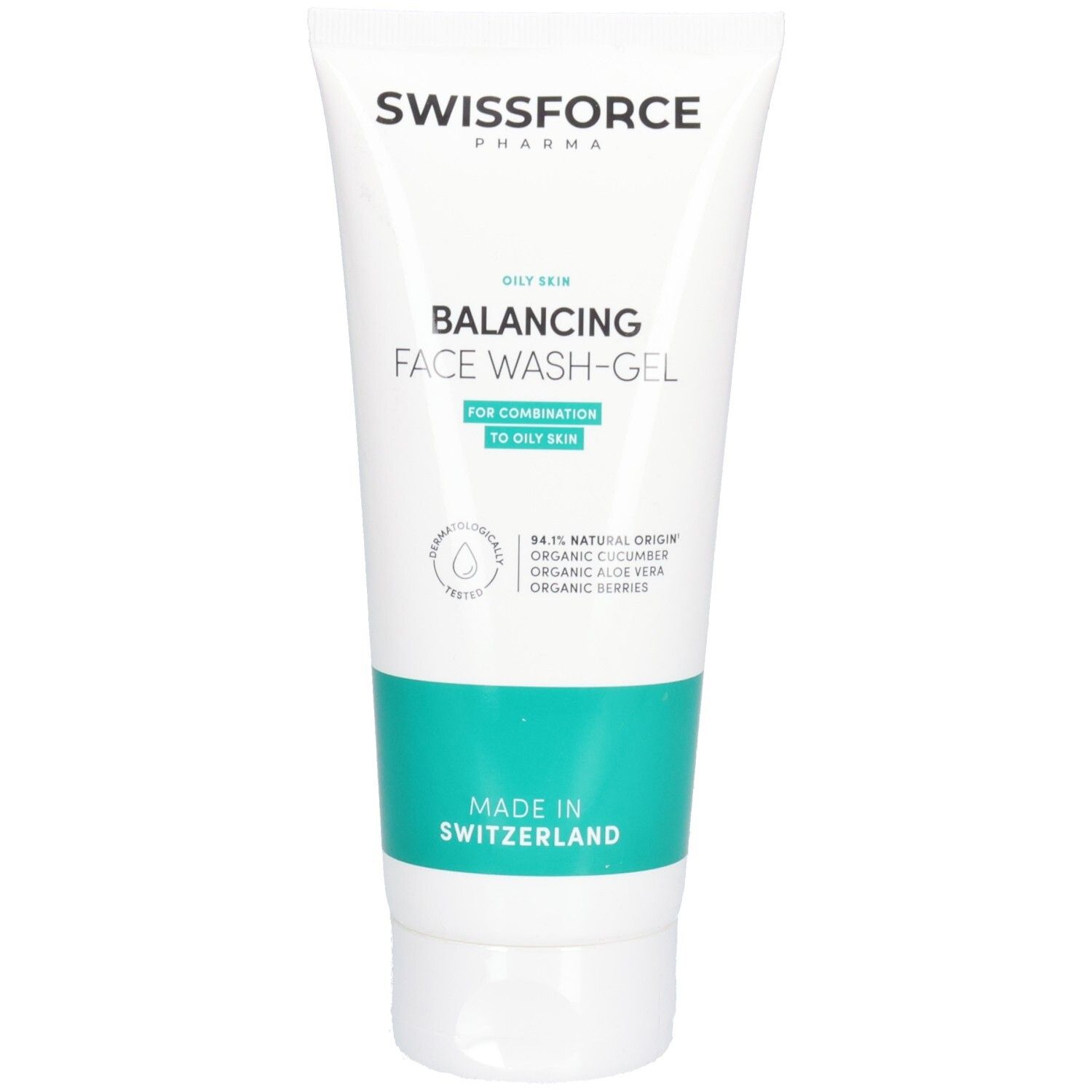 Tube blanche et verte. Inscription: SWISSFORCE, Balancing Face Wash-Gel. Pour peaux mixtes à grasses. Testé dermatologiquement.