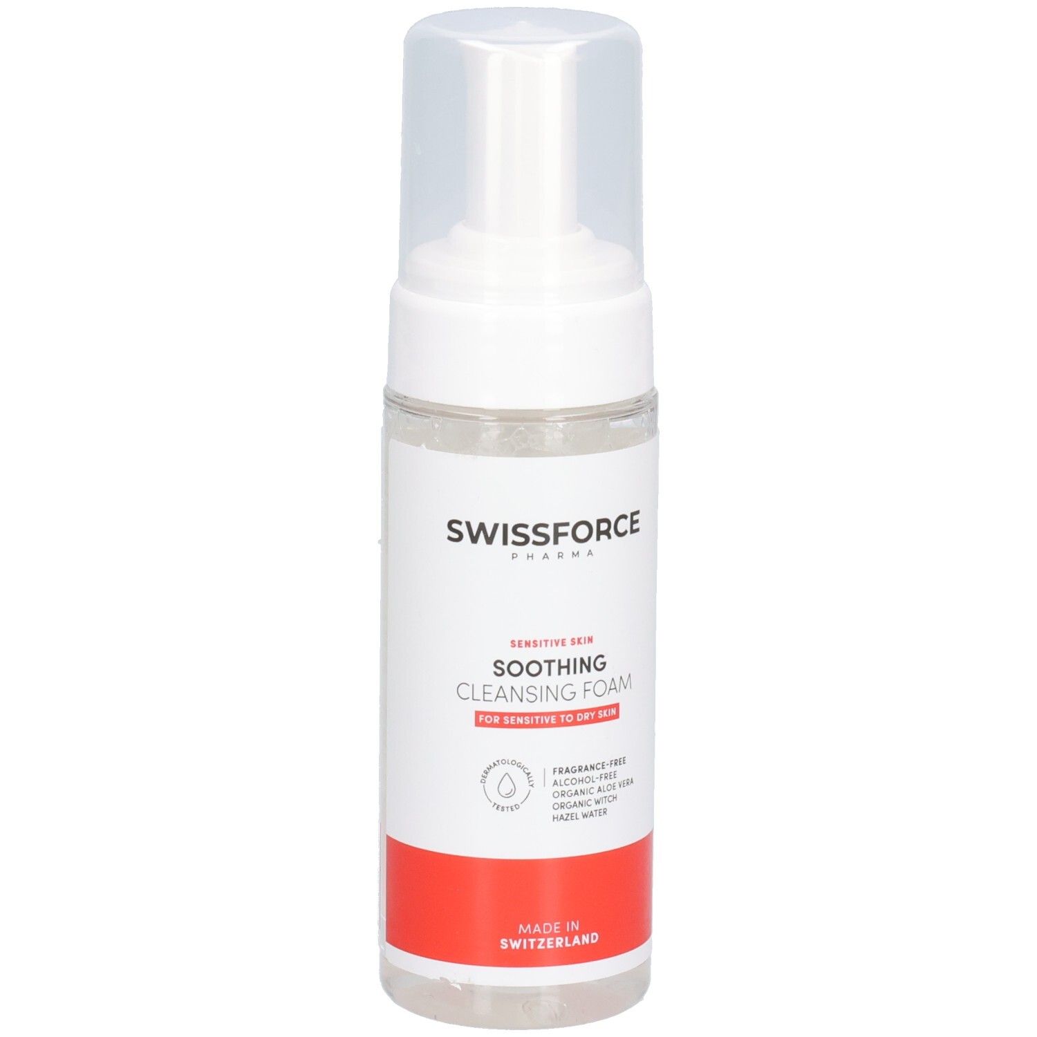 Flacon blanc transparent avec vaporisateur. Inscription: SWISSFORCE, SOOTHING CLEANSING FOAM. Bande rouge en bas. Logo. Fabriqué en Suisse.