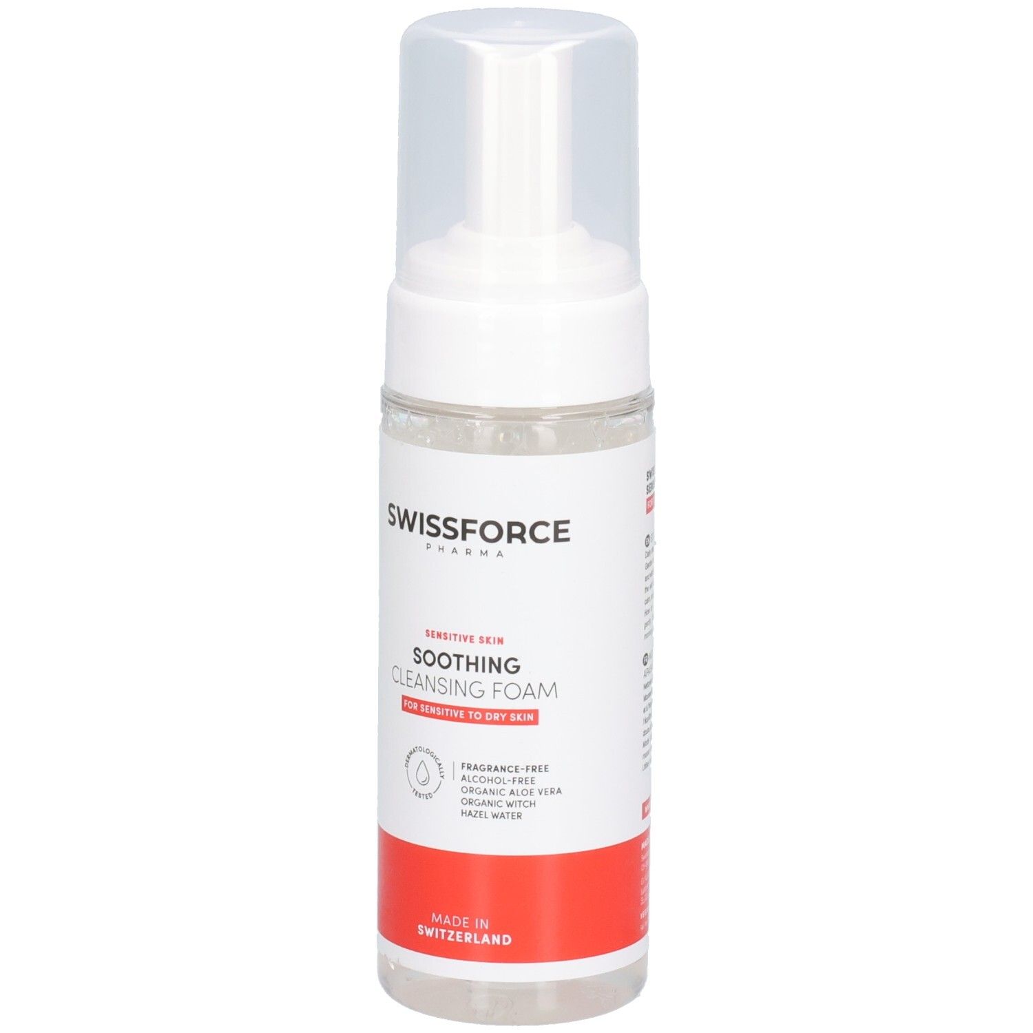 Flacon blanc transparent avec vaporisateur. Inscription: SWISSFORCE, SOOTHING CLEANSING FOAM. Bande rouge en bas. Fabriqué en Suisse.