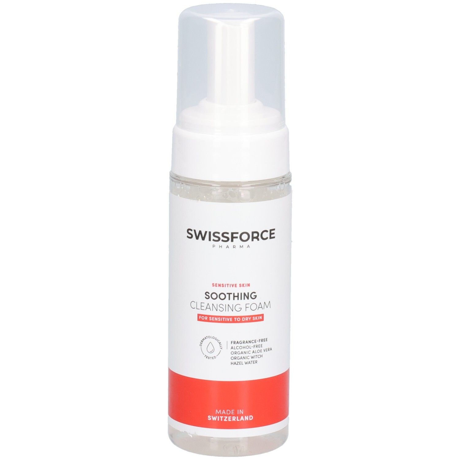 Flacon blanc transparent avec vaporisateur. Inscription: SWISSFORCE, SOOTHING CLEANSING FOAM. Bande rouge en bas. Fabriqué en Suisse.