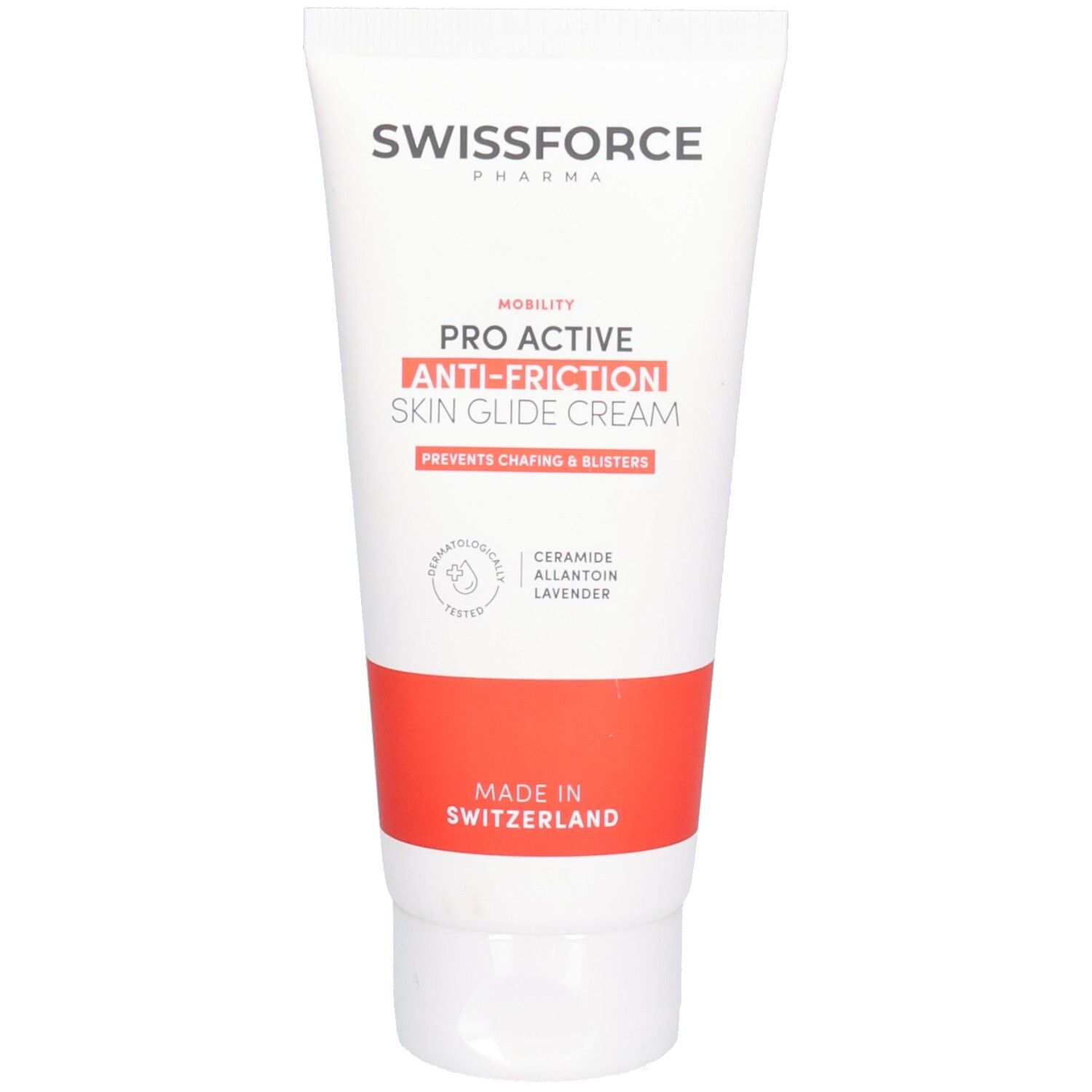 Tube blanche avec bande rouge. Inscription: SWISSFORCE, PRO ACTIVE ANTI-FRICTION SKIN GLIDE CREAM. Contient céramides, allantoïne, lavande.