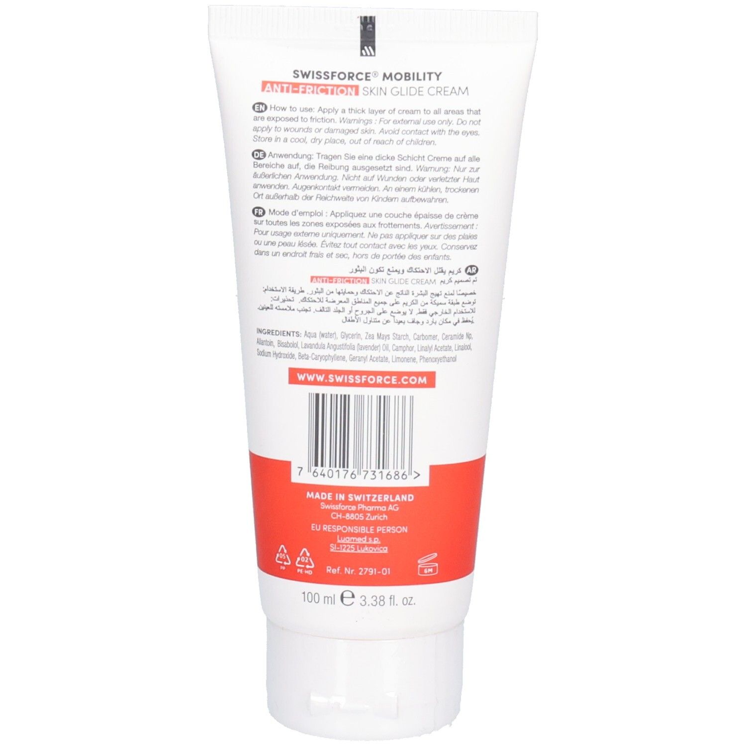 Dos du tube. Texte multilingue. Contient des ingrédients. Fabriqué en Suisse. Volume: 100 ml.