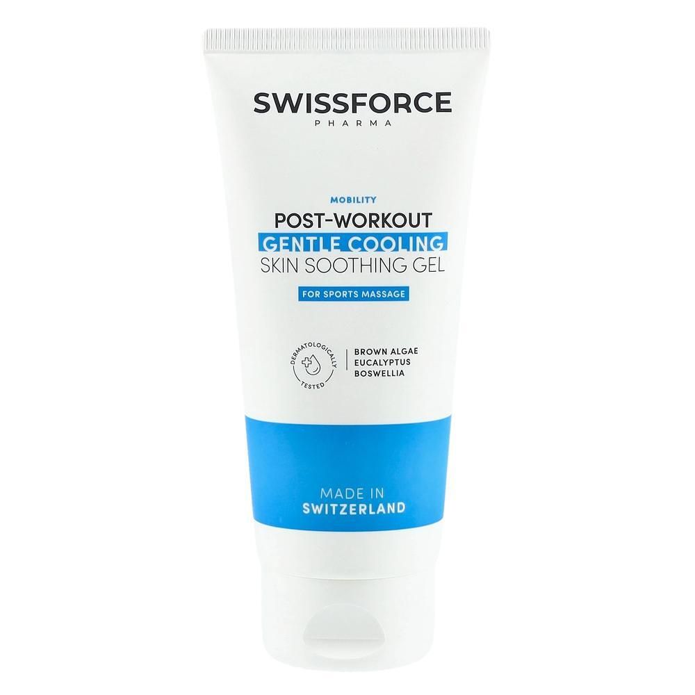 Tube blanc avec bande bleue. Inscription: SWISSFORCE, POST-WORKOUT, GENTLE COOLING, SKIN SOOTHING GEL. Pour massage sportif.