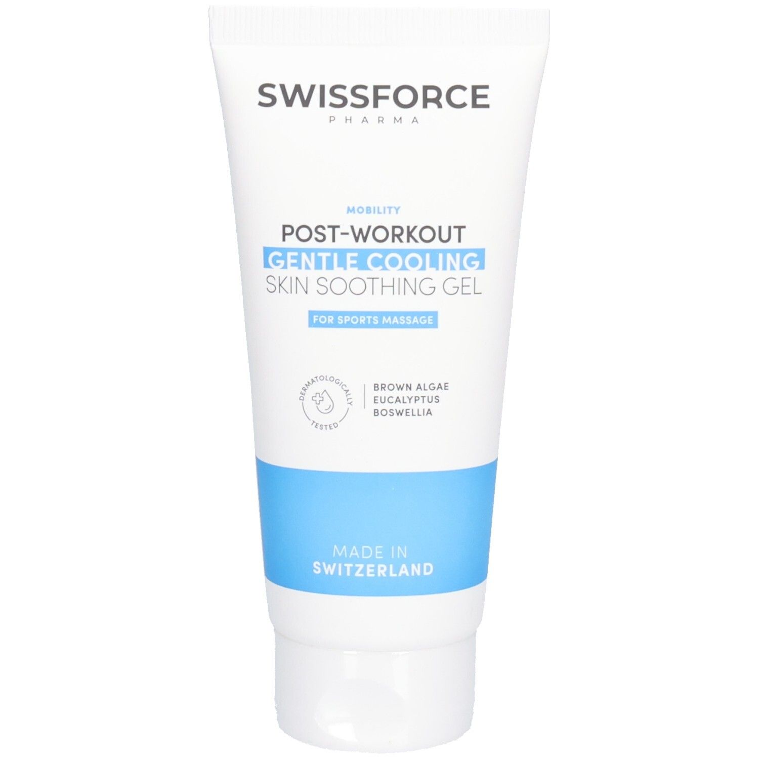 Tube blanc avec bande bleue. Inscription: SWISSFORCE, POST-WORKOUT, GENTLE COOLING, SKIN SOOTHING GEL. Pour massage sportif.