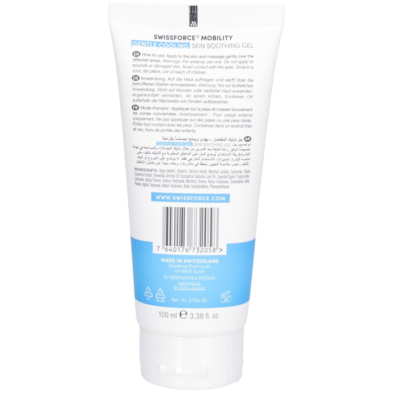 Dos d'un tube blanc. Texte: Mode d'emploi, ingrédients, www.swissforce.com. En bas: 100 ml, Made in Switzerland.