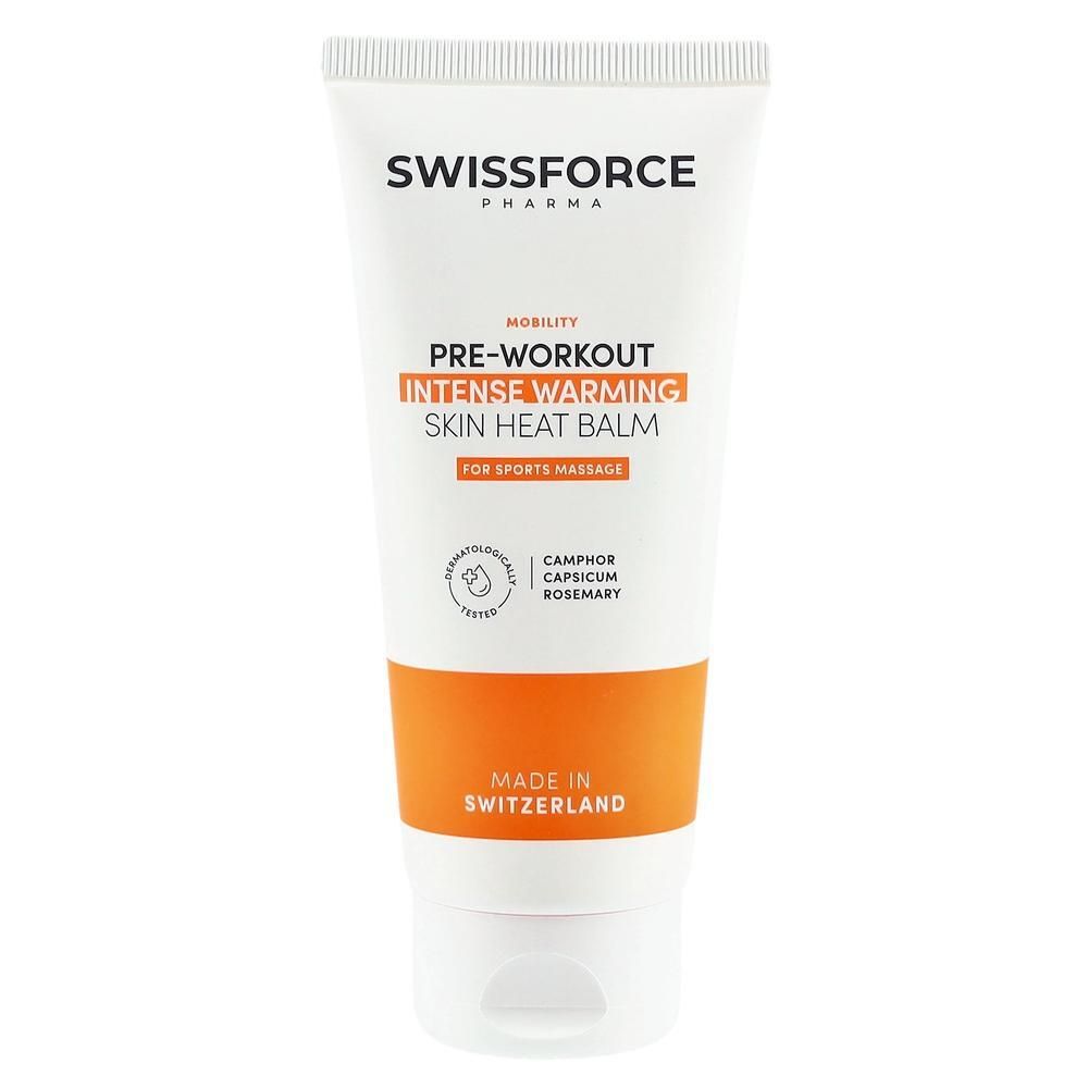 Tube blanche et orange. SWISSFORCE Pharma. PRE-WORKOUT INTENSE WARMING SKIN HEAT BALM. Pour massage sportif. Testé dermatologiquement.