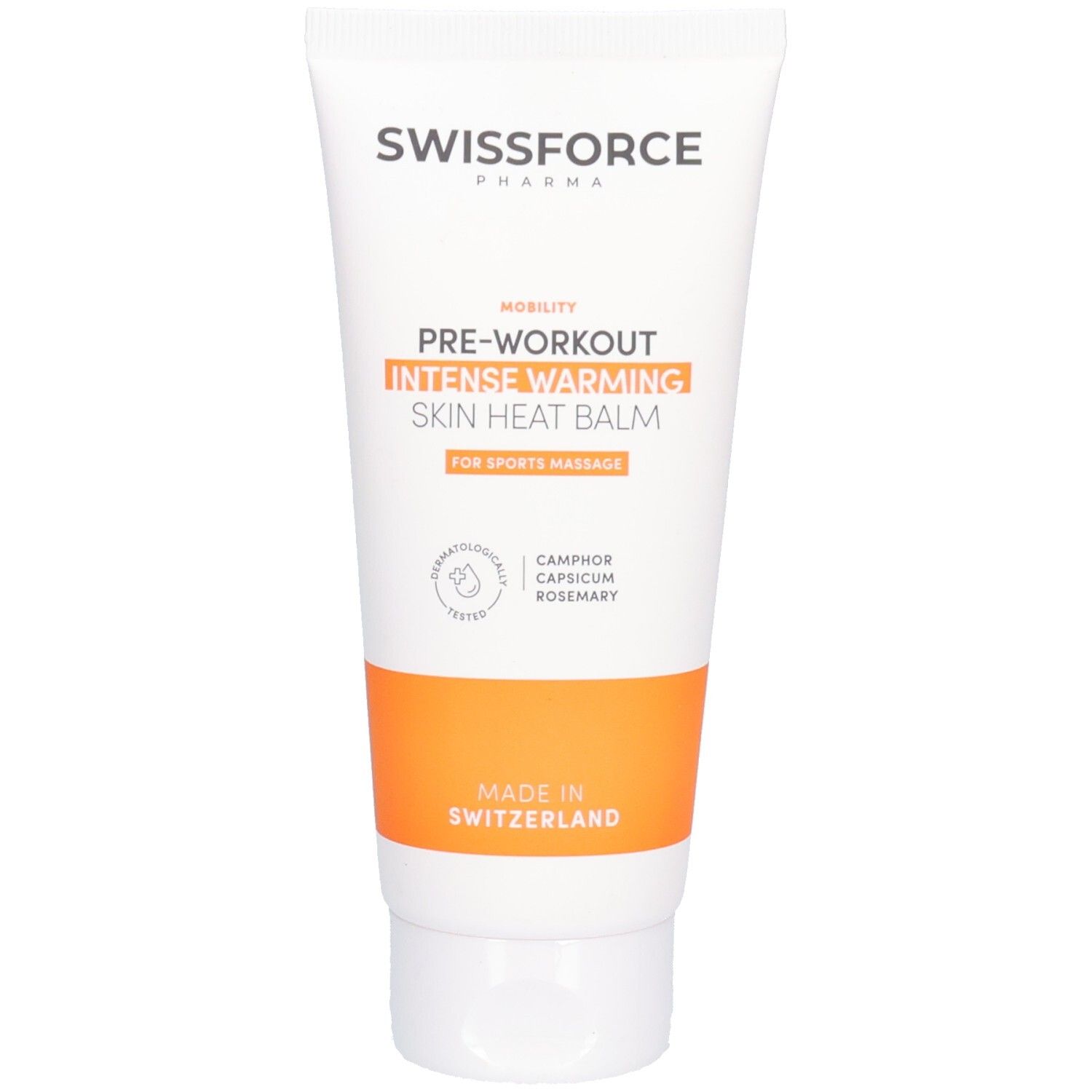 Tube blanche et orange. SWISSFORCE Pharma. PRE-WORKOUT INTENSE WARMING SKIN HEAT BALM. Pour massage sportif. Testé dermatologiquement.