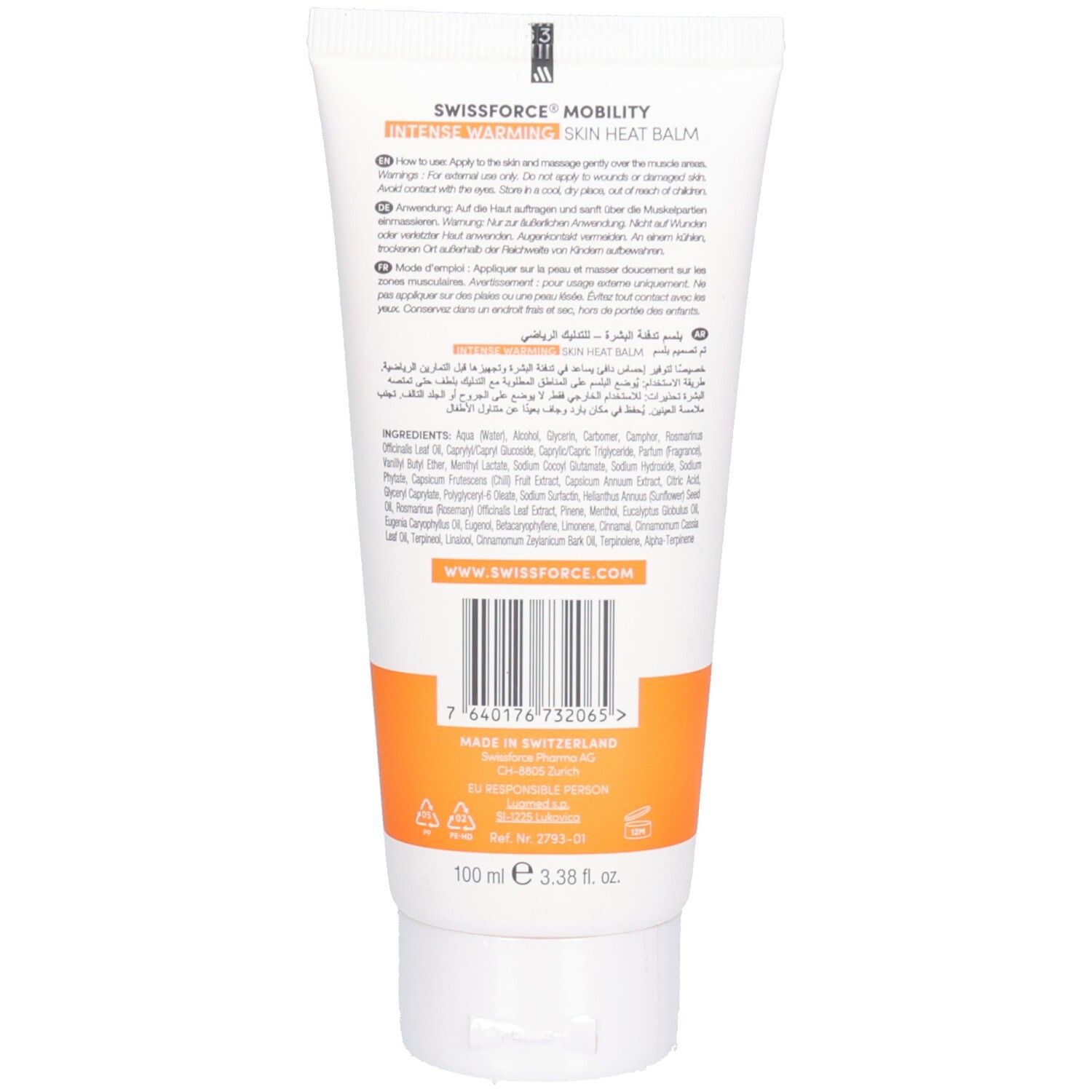 Dos d'un tube. Texte et code-barres. Ingrédients, instructions d'utilisation. 100 ml. Fabriqué en Suisse. Bande orange.