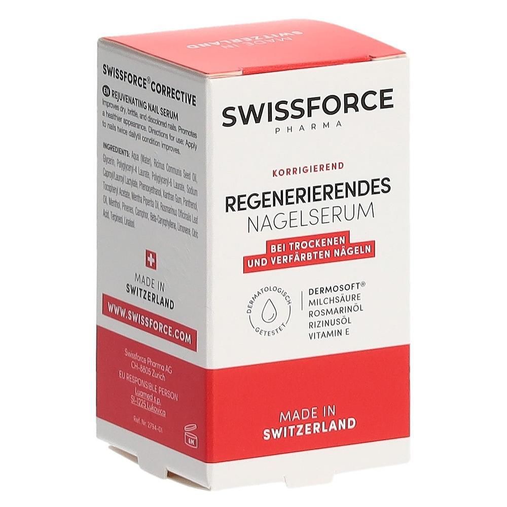 Sérum correcteur pour ongles en boîte. Swissforce Pharma. Emballage rouge et blanc. Texte: Sérum régénérant pour ongles.