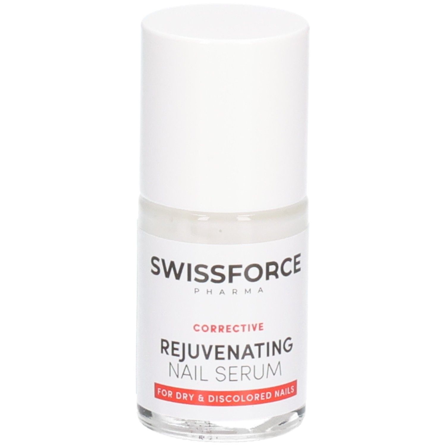 Flacon de sérum pour ongles. Swissforce Pharma. Bouchon blanc, flacon transparent. Texte: Rejuvenating Nail Serum. Pour ongles secs.
